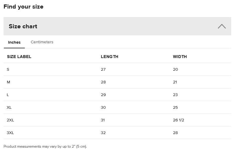 Size chart for clothing measurements in inches and centimeters