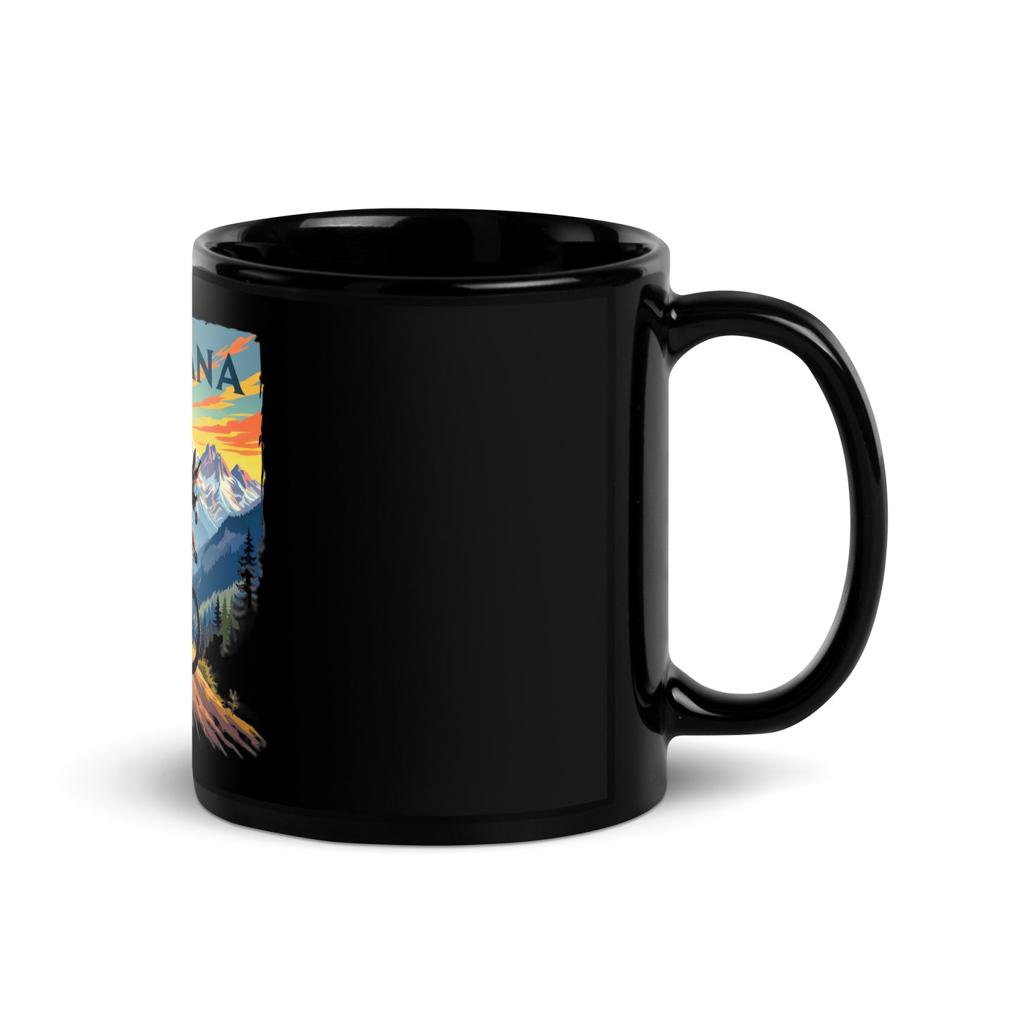 Black mug with a colorful design on a white background