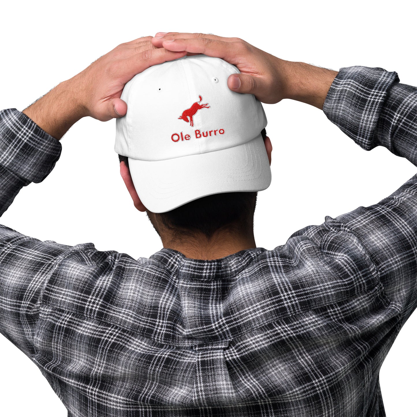 Person wearing a white cap with 'Ole Burro' logo, holding it on a white background