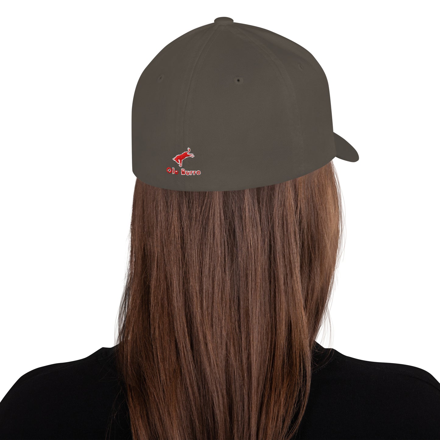Person wearing a gray cap with a logo on a white background