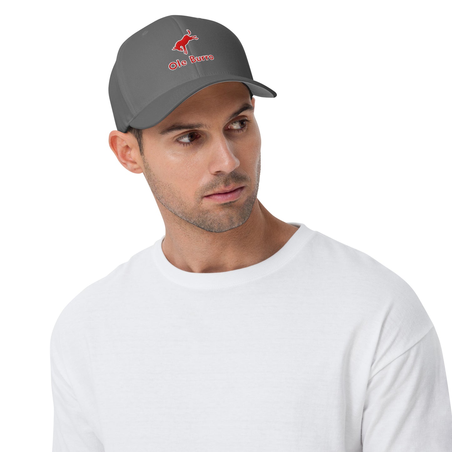 Man wearing a gray cap with a logo on a white background