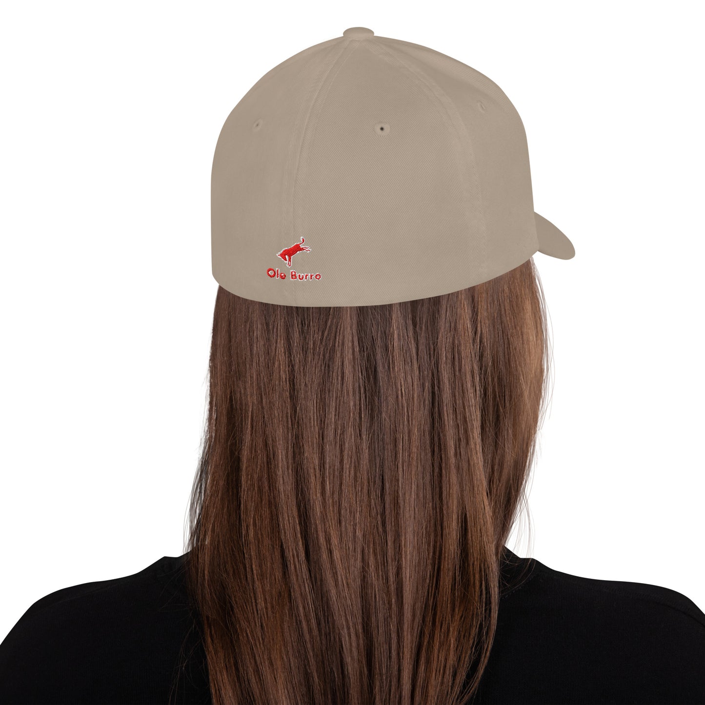 Person wearing a beige cap with a logo on a white background