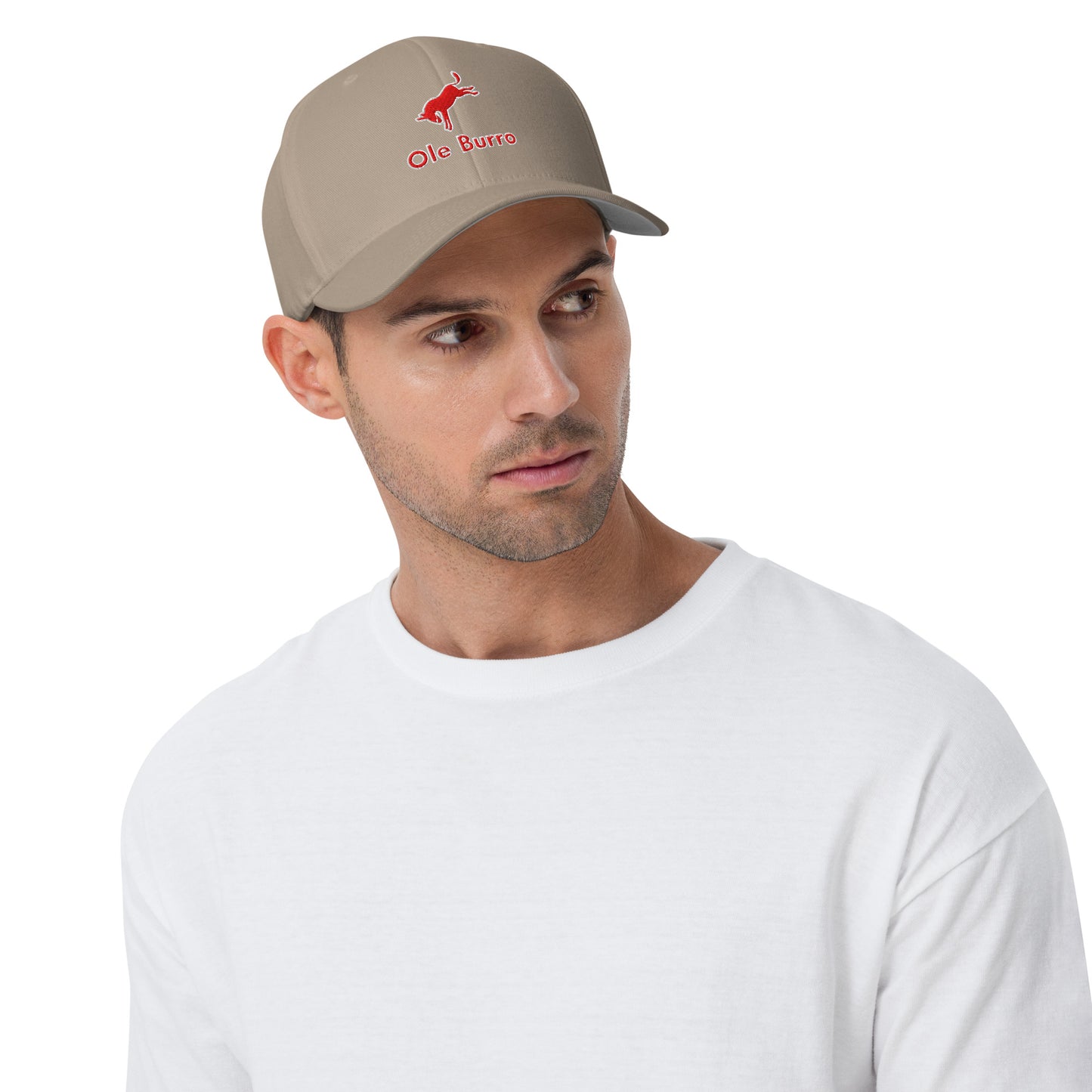 Man wearing a beige cap with a logo on a white background