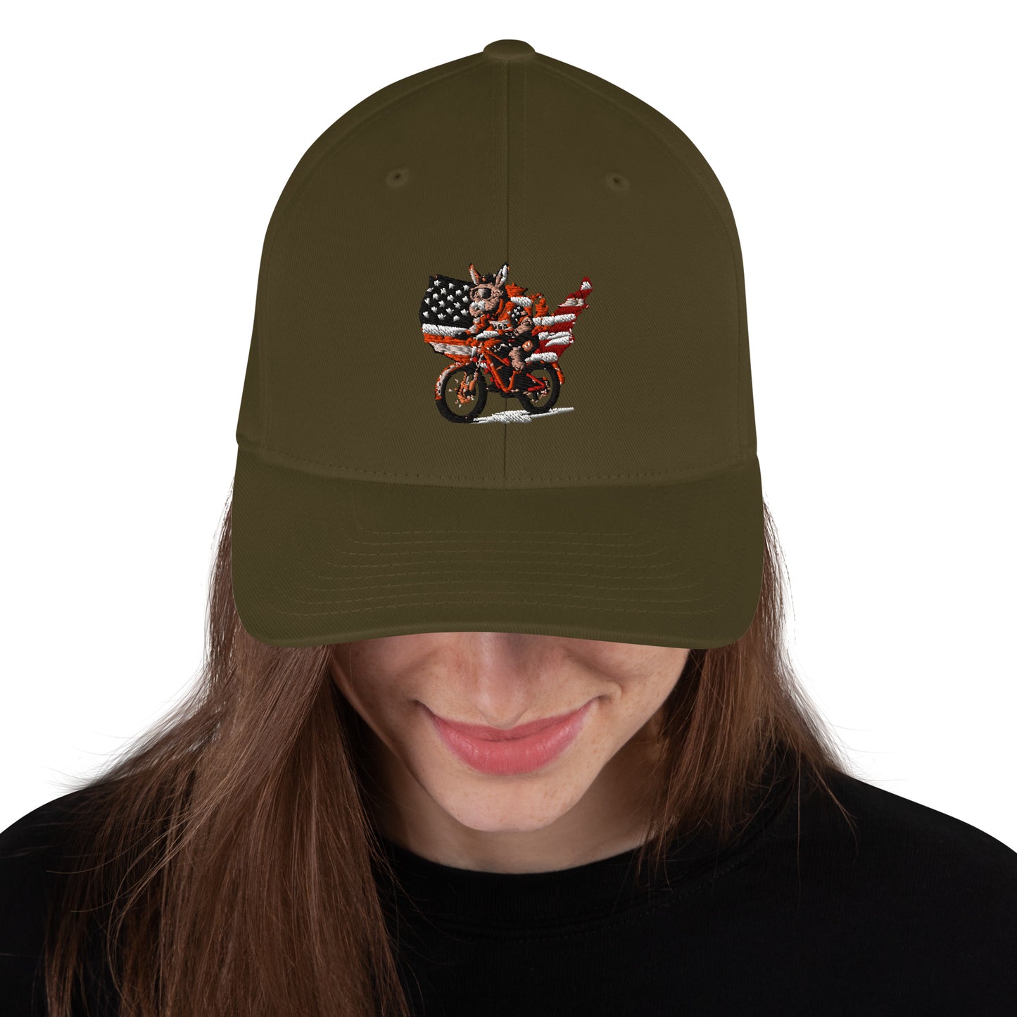 Person wearing a green cap with a motorcycle and American flag design on a white background