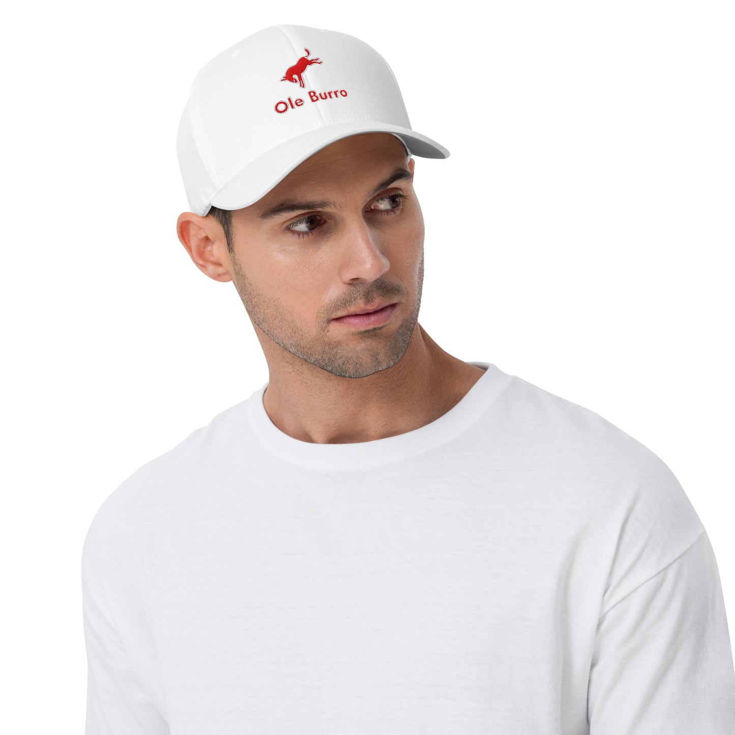 Man wearing a white cap with a logo and text on a white background