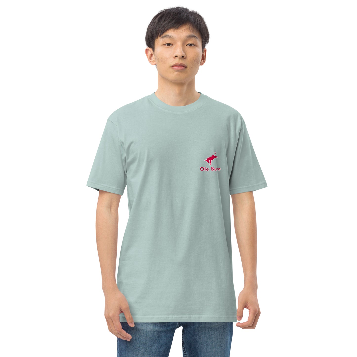 Person wearing a light green t-shirt with a red logo on a white background