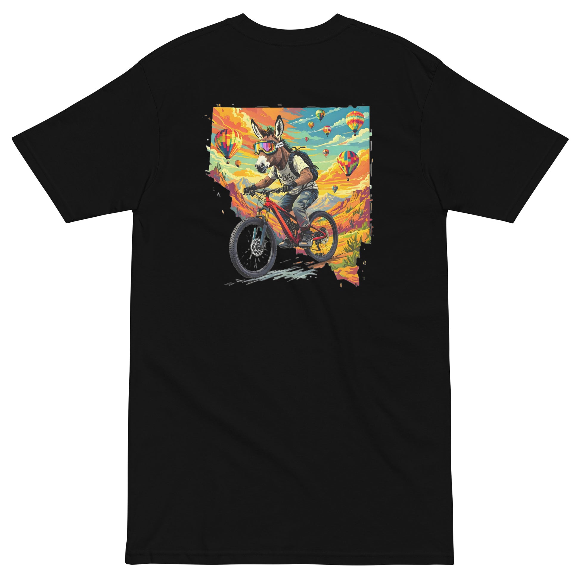 Black t-shirt with a colorful graphic of a person riding a motorcycle on the back