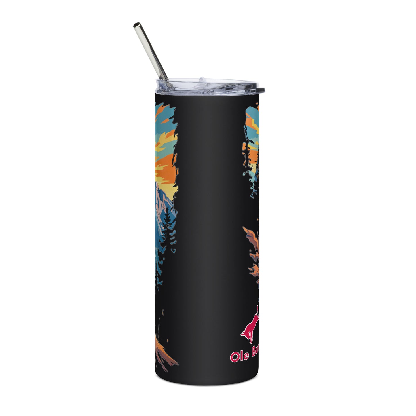 Black tumbler with colorful designs and a straw on a white background