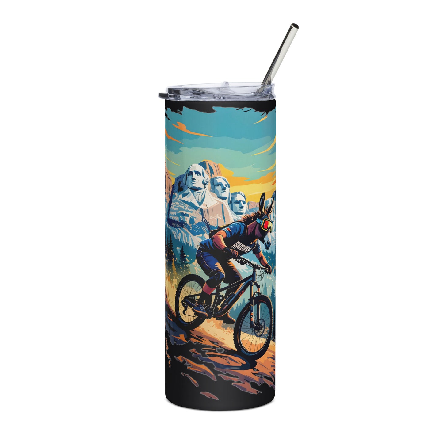Tumbler with a mountain biker design featuring Mount Rushmore on a white background