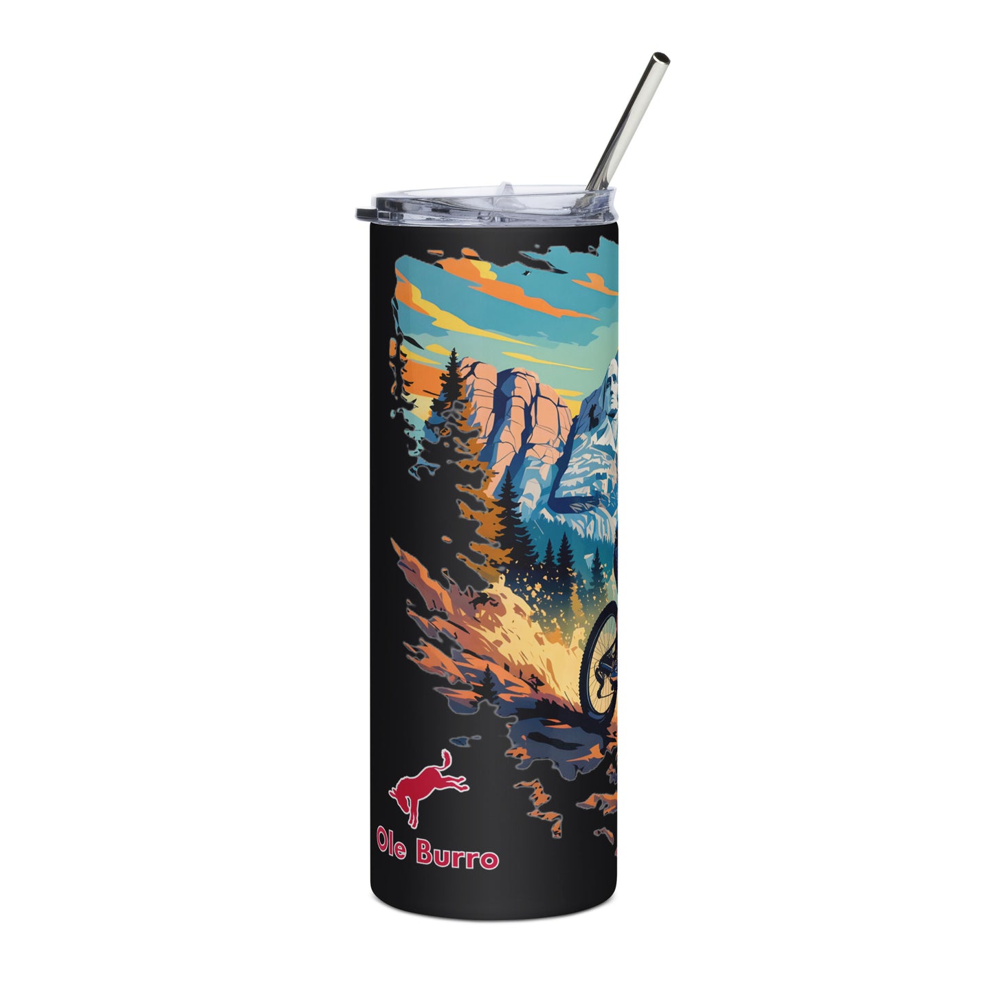 Tumbler with mountain and forest design on a white background
