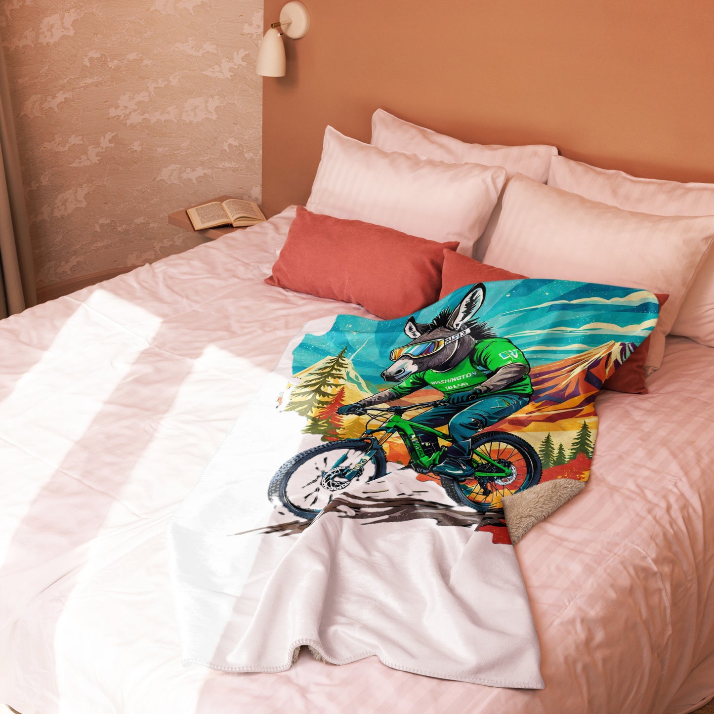 Colorful mountain bike design on a pillow in a bedroom setting