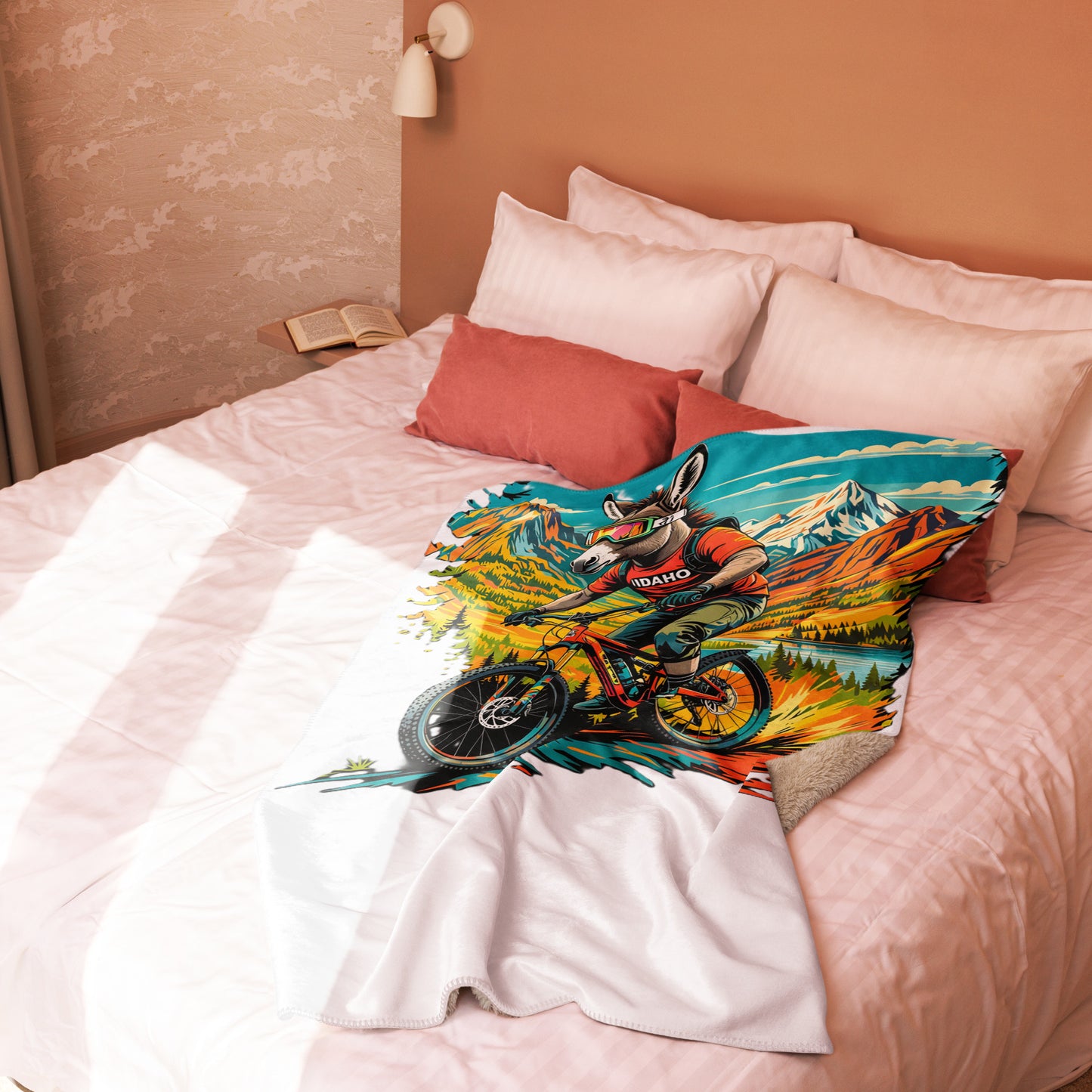Colorful pillow with a motorcycle and mountain design on a bed with pink bedding.