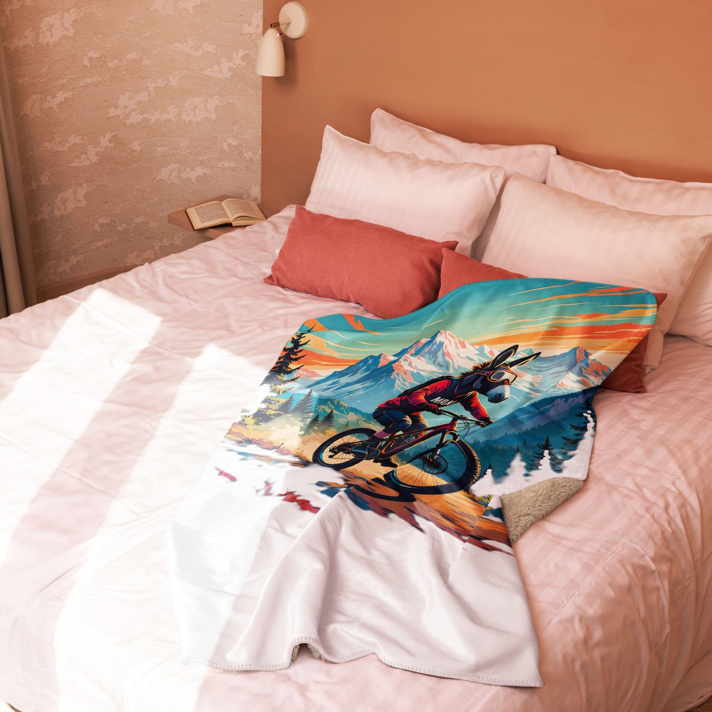 Colorful mountain bike blanket on a bed with pillows