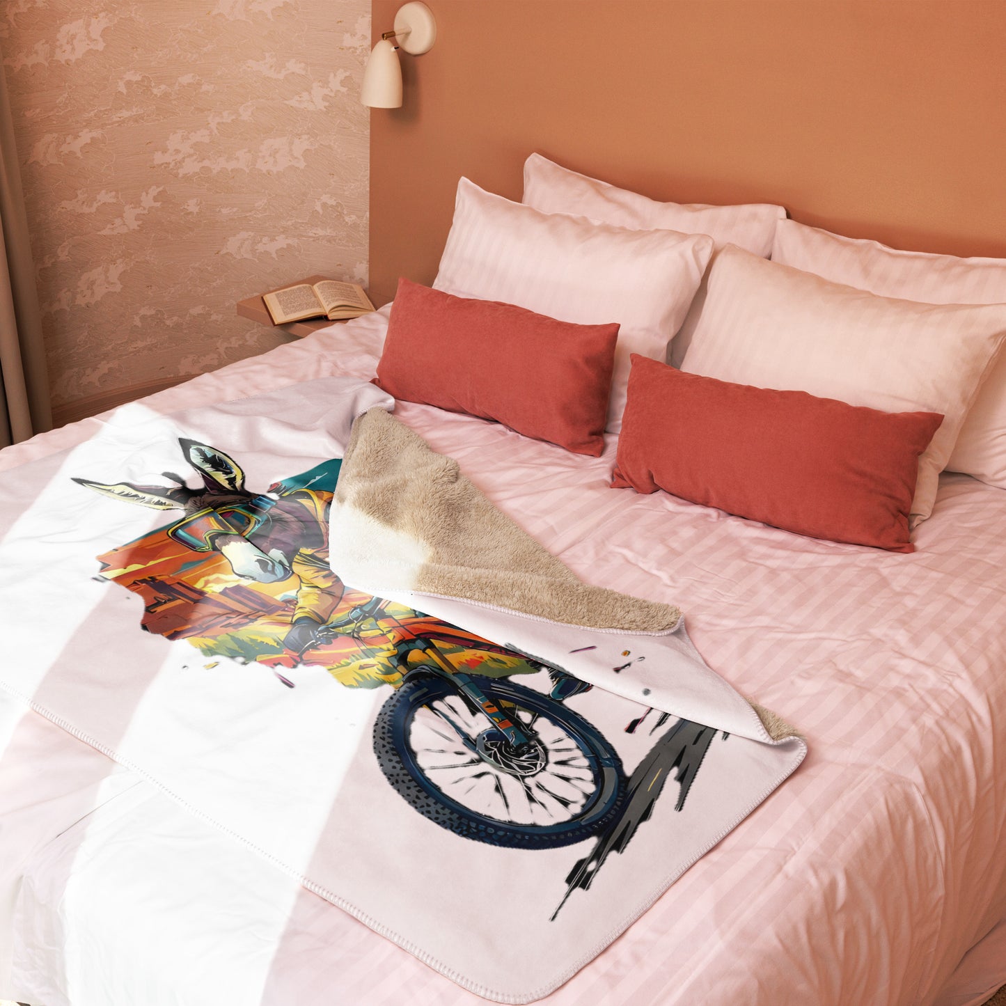 Bed with colorful blanket featuring a turtle design and red and beige pillows.