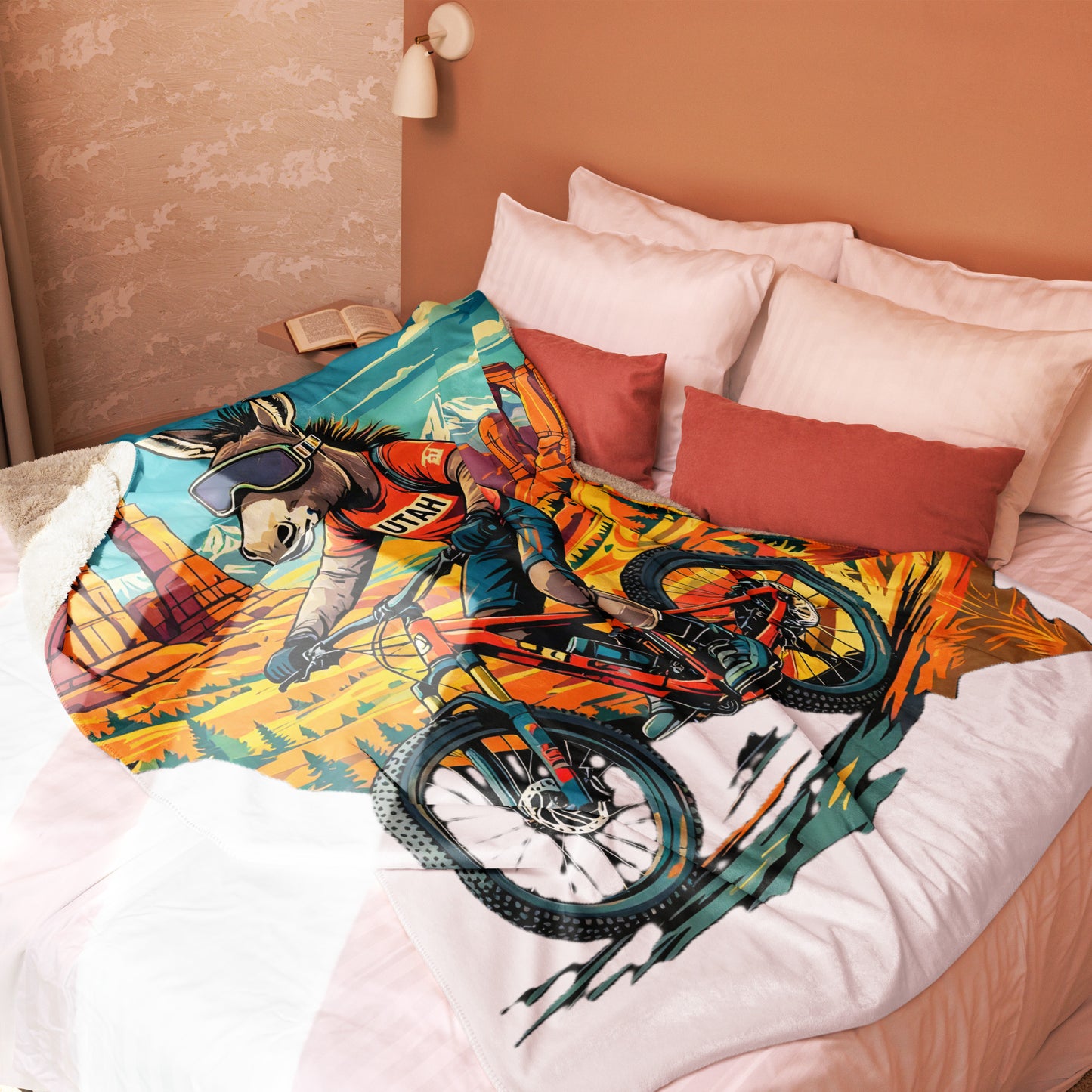 Colorful mountain bike-themed bedding set on a bed with pillows.