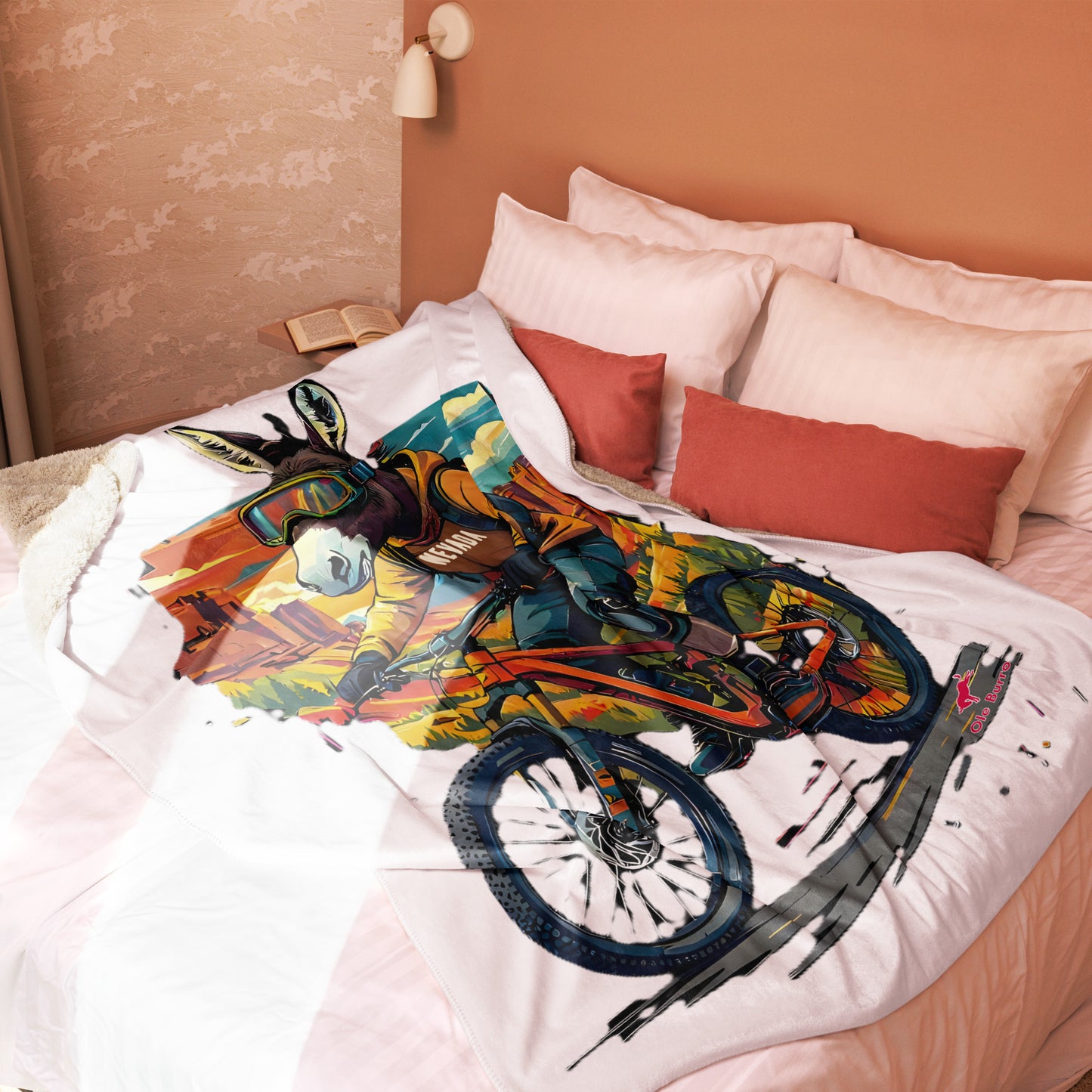 Colorful dragon design on a bedspread in a bedroom setting