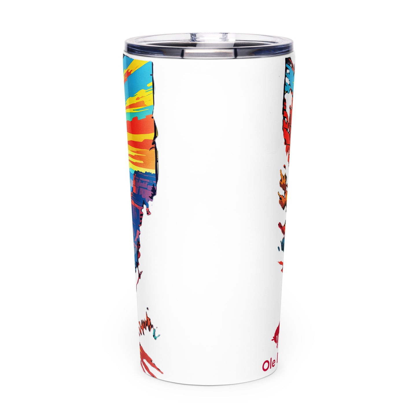 Tumbler with colorful abstract design on a white background