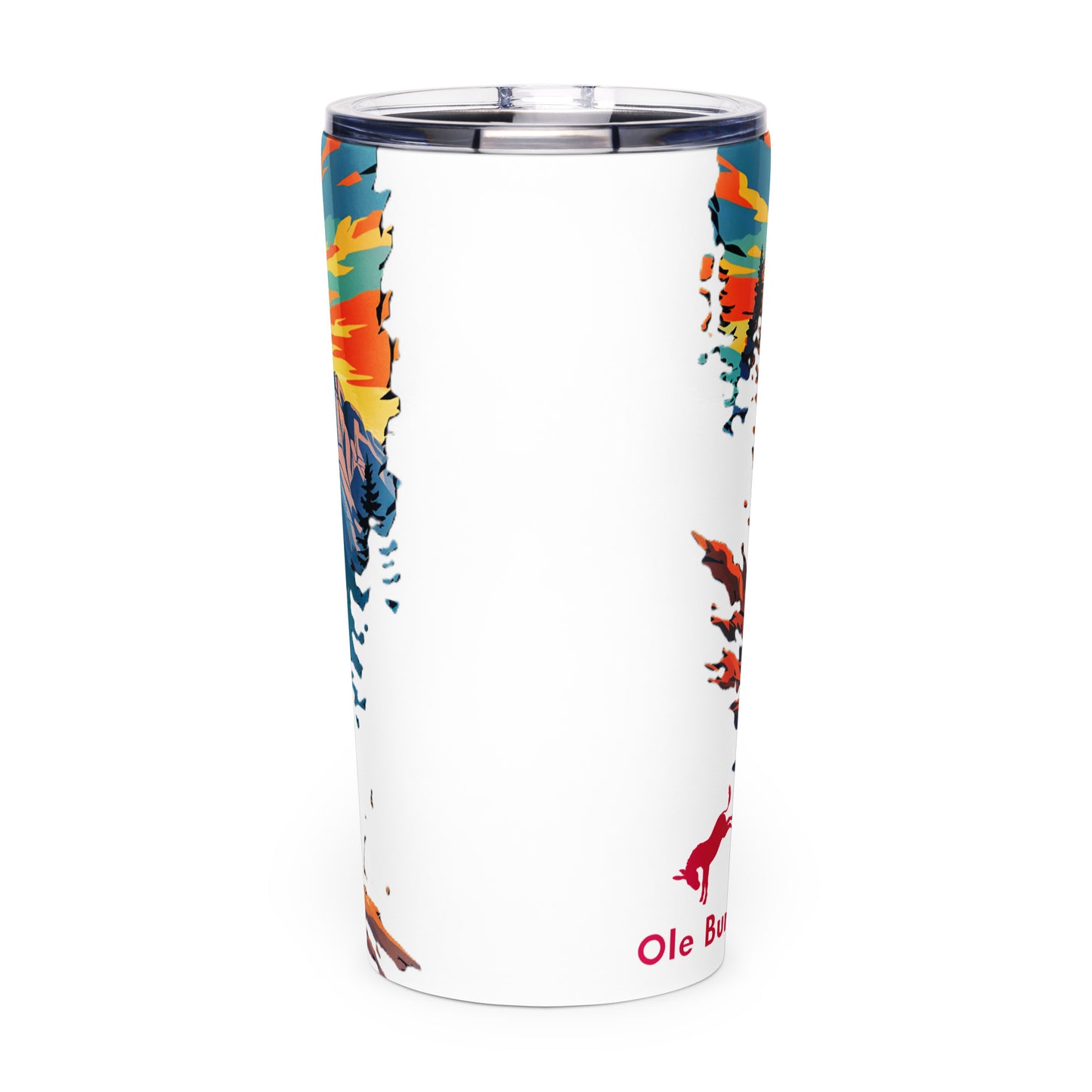 Tumbler with colorful abstract design and 'Ole burro' text on a white background