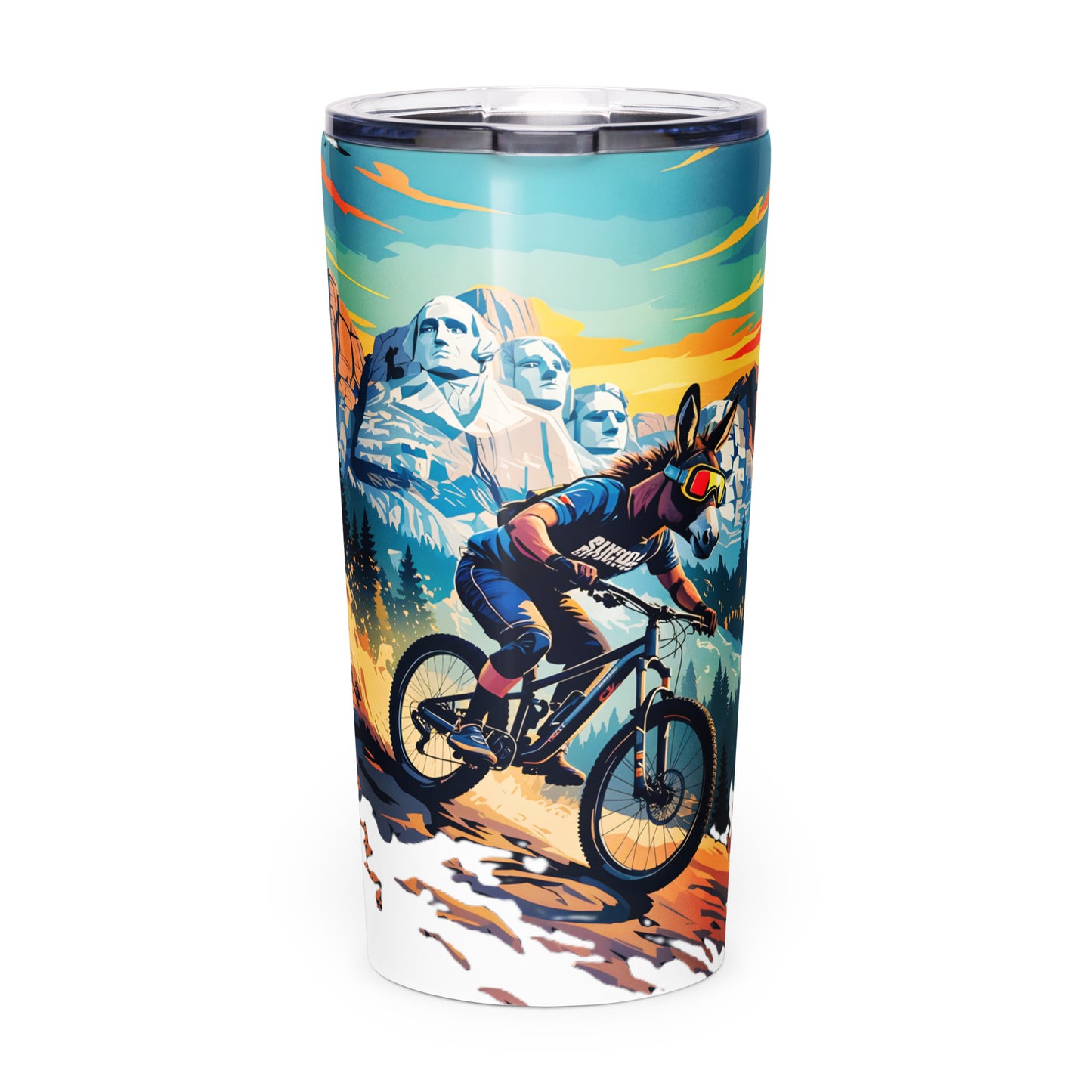 Tumbler with a mountain bike design featuring Mount Rushmore on a white background