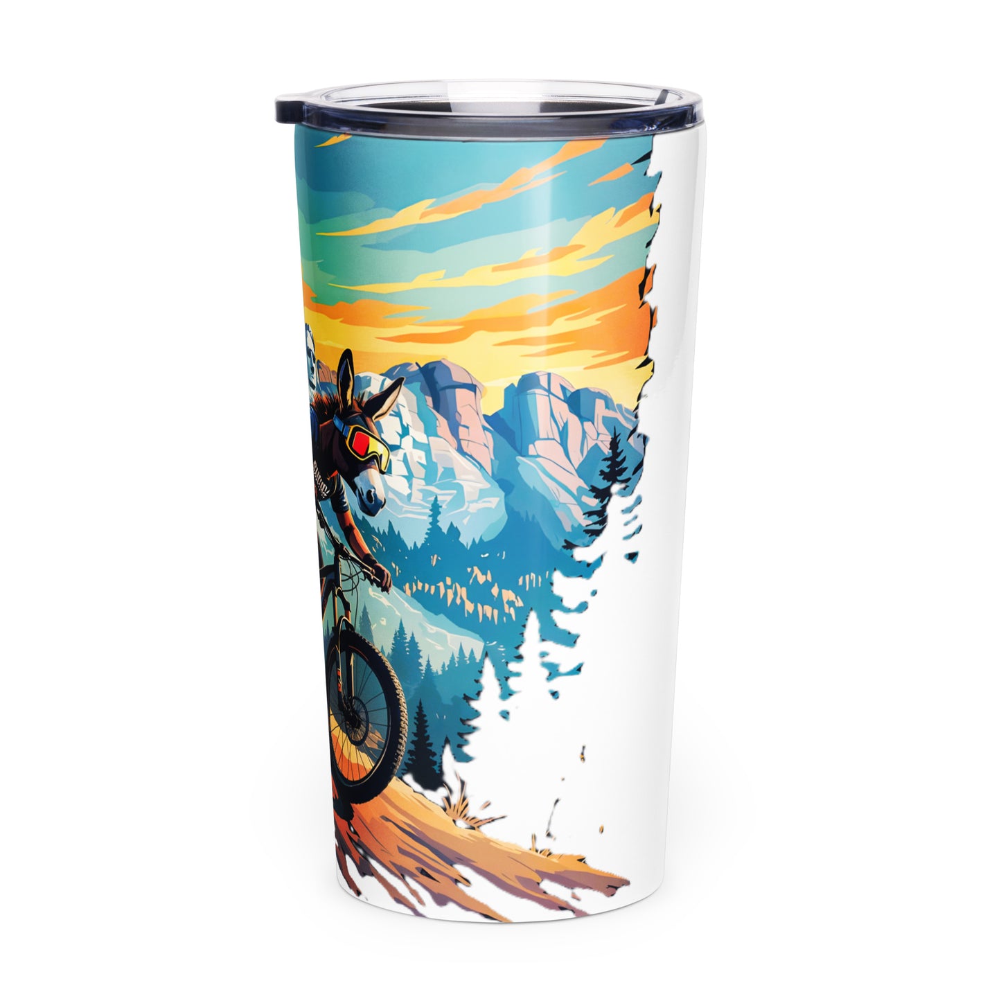 Tumbler with a mountain and bike design on a white background