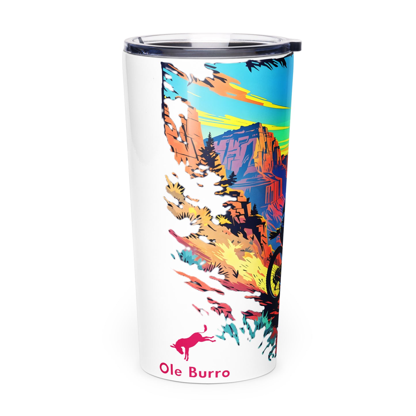 Tumbler with colorful mountain design and 'Ole Burro' branding on a white background
