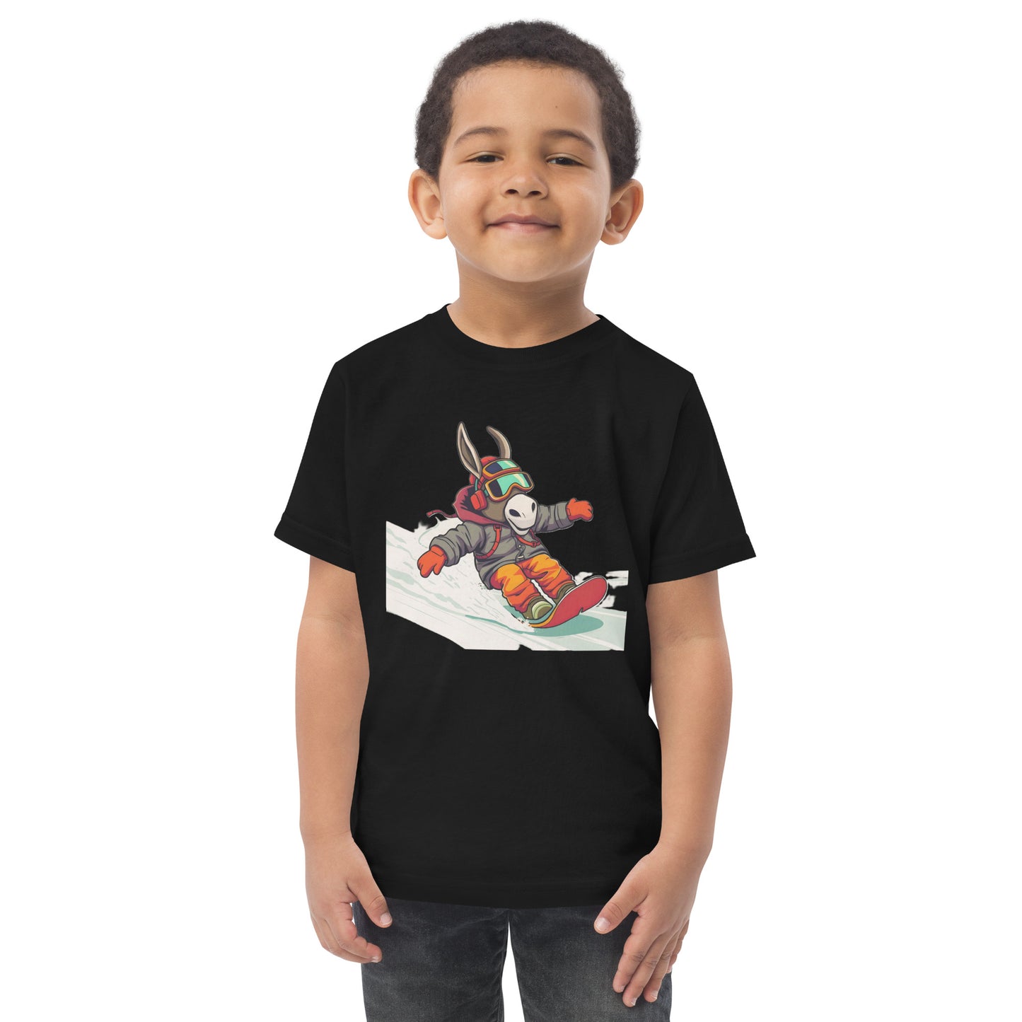 Child wearing a black t-shirt with a graphic of a donkey snowboarding on a white background