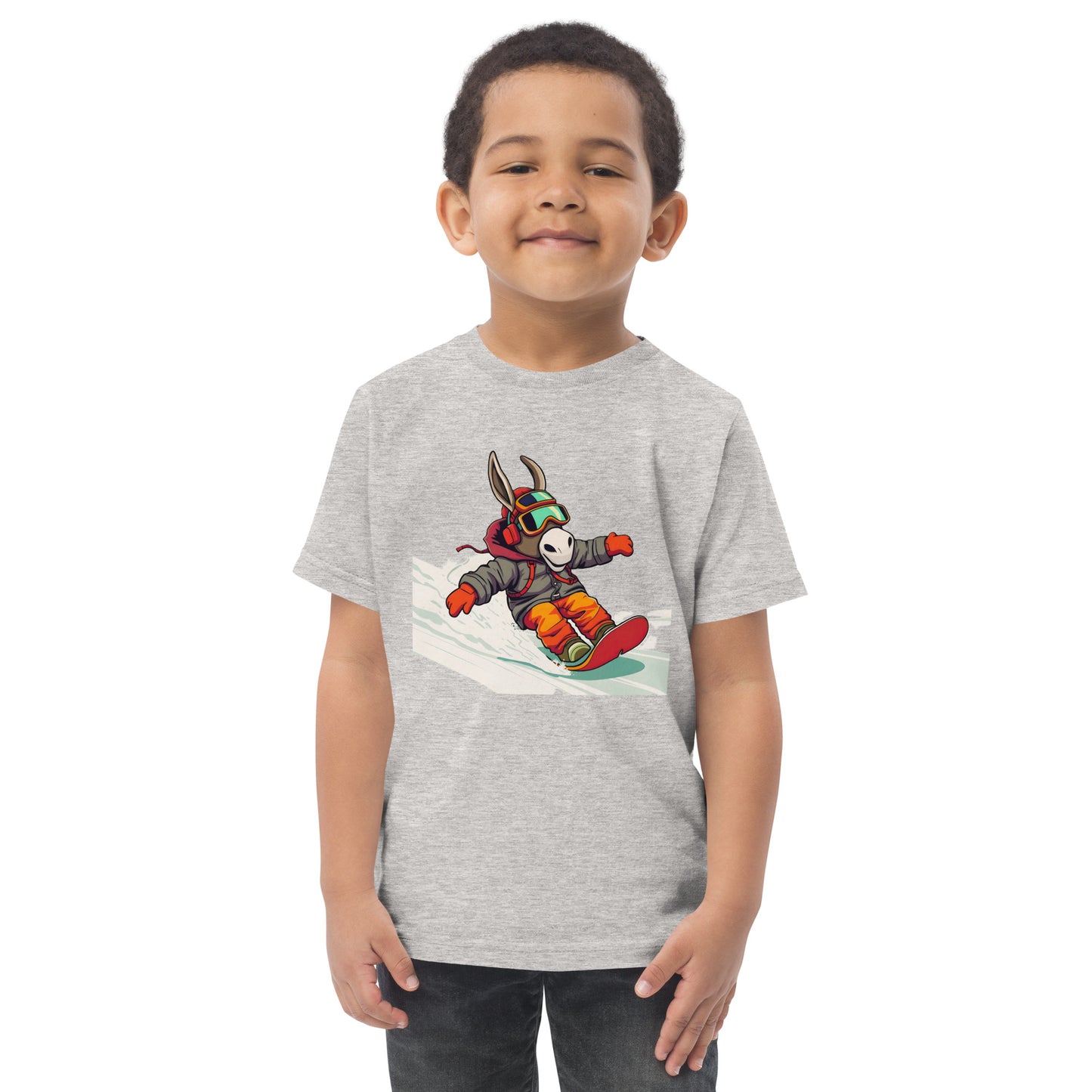Child wearing a gray t-shirt with a cartoon character on a white background