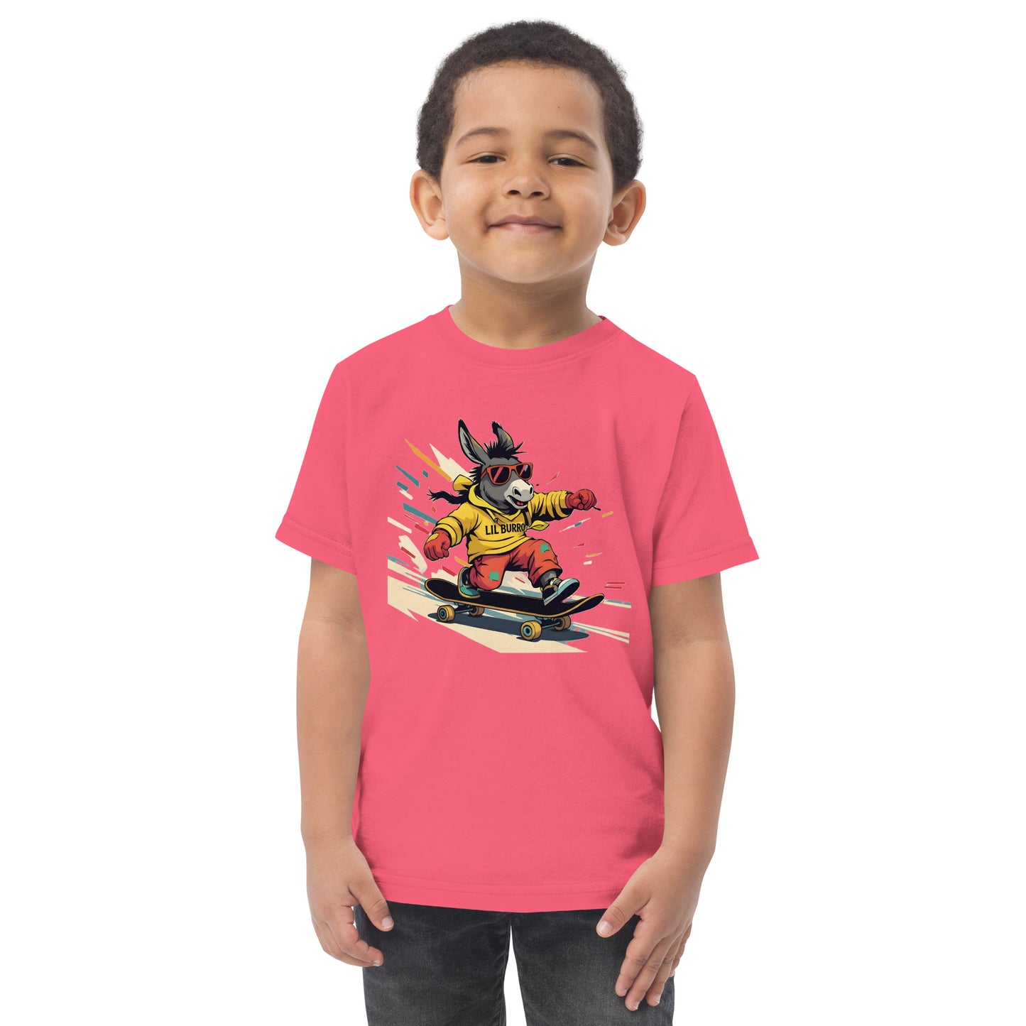 Child wearing a pink t-shirt with a cartoon character on a white background