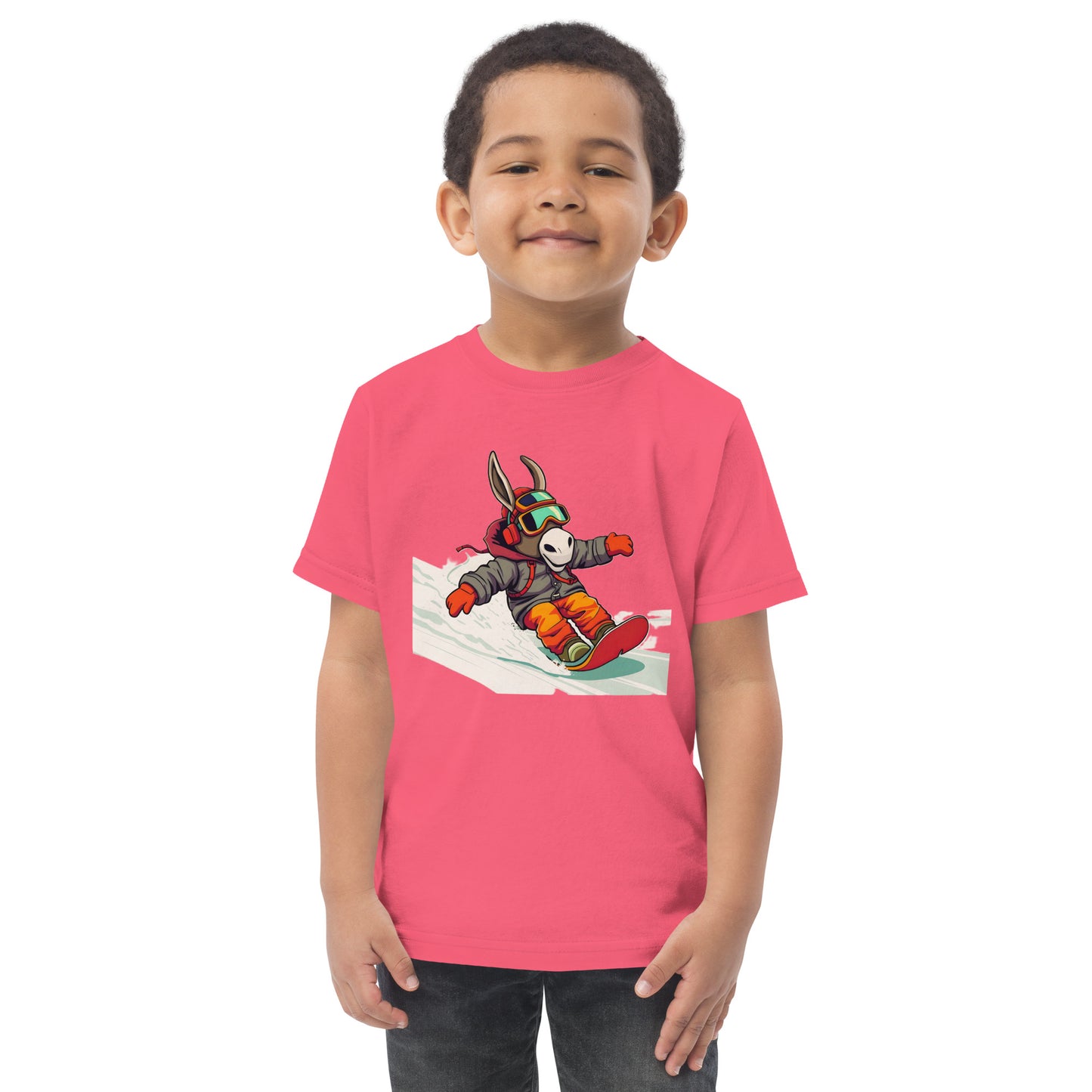 Child wearing a pink t-shirt with a cartoon character on a white background