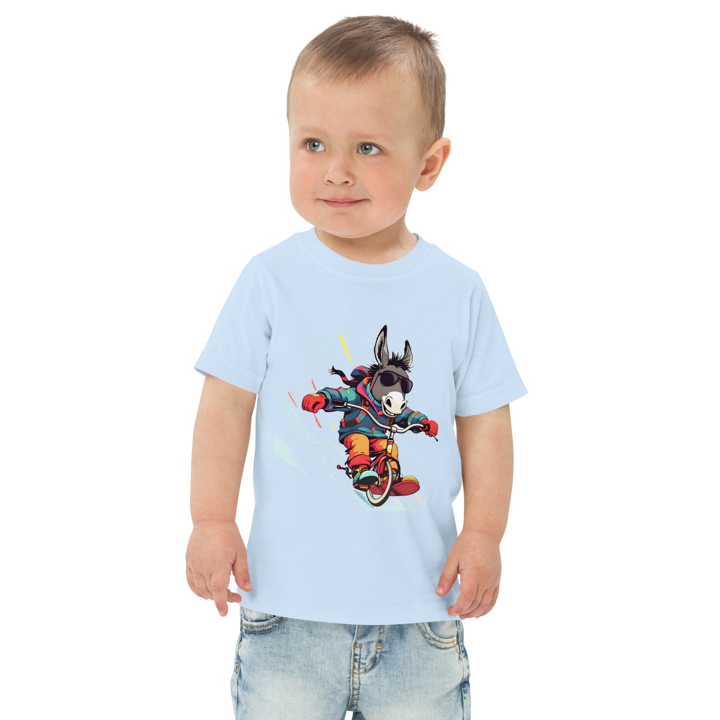 Child wearing a light blue t-shirt with a cartoon donkey on a white background