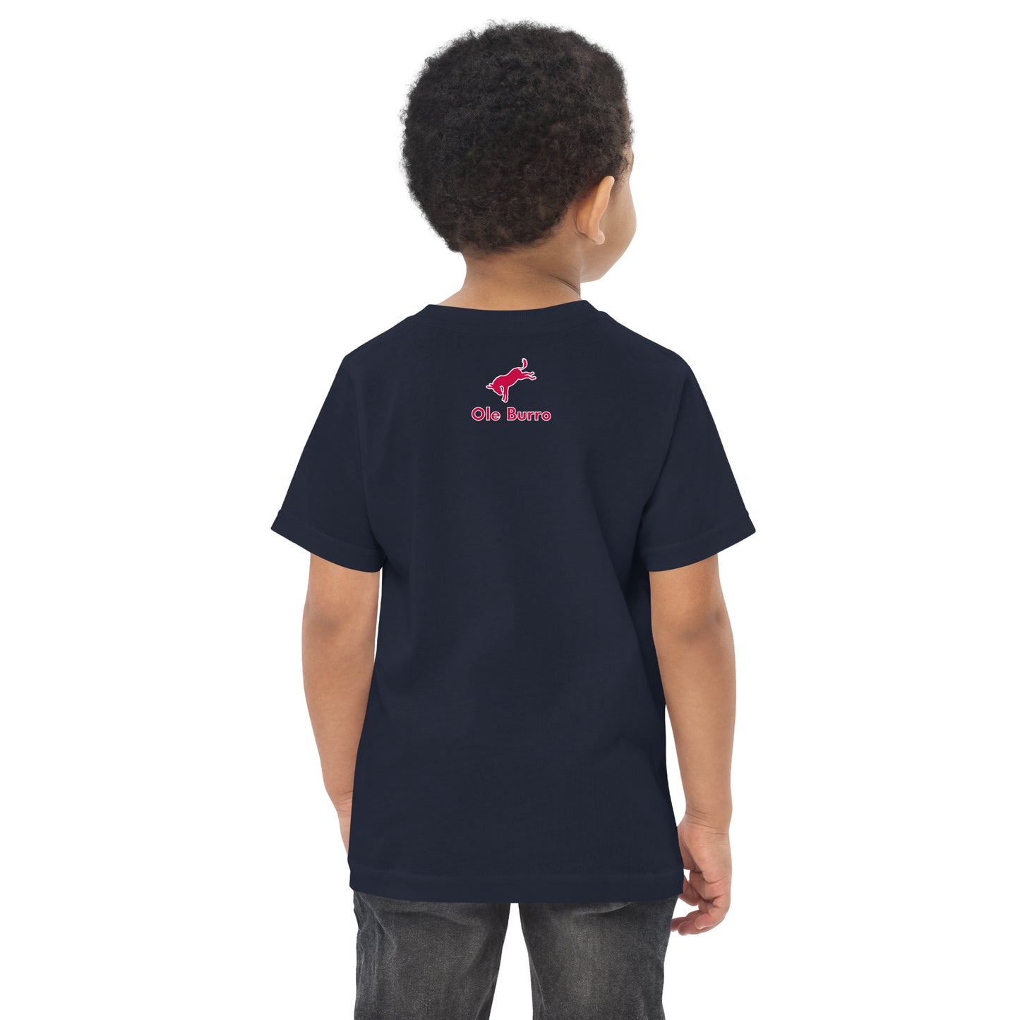 Child wearing a navy blue t-shirt with a logo on the back against a white background