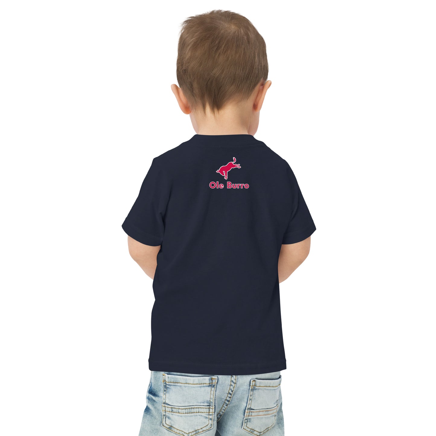 Child wearing a navy blue t-shirt with a logo on the back against a white background