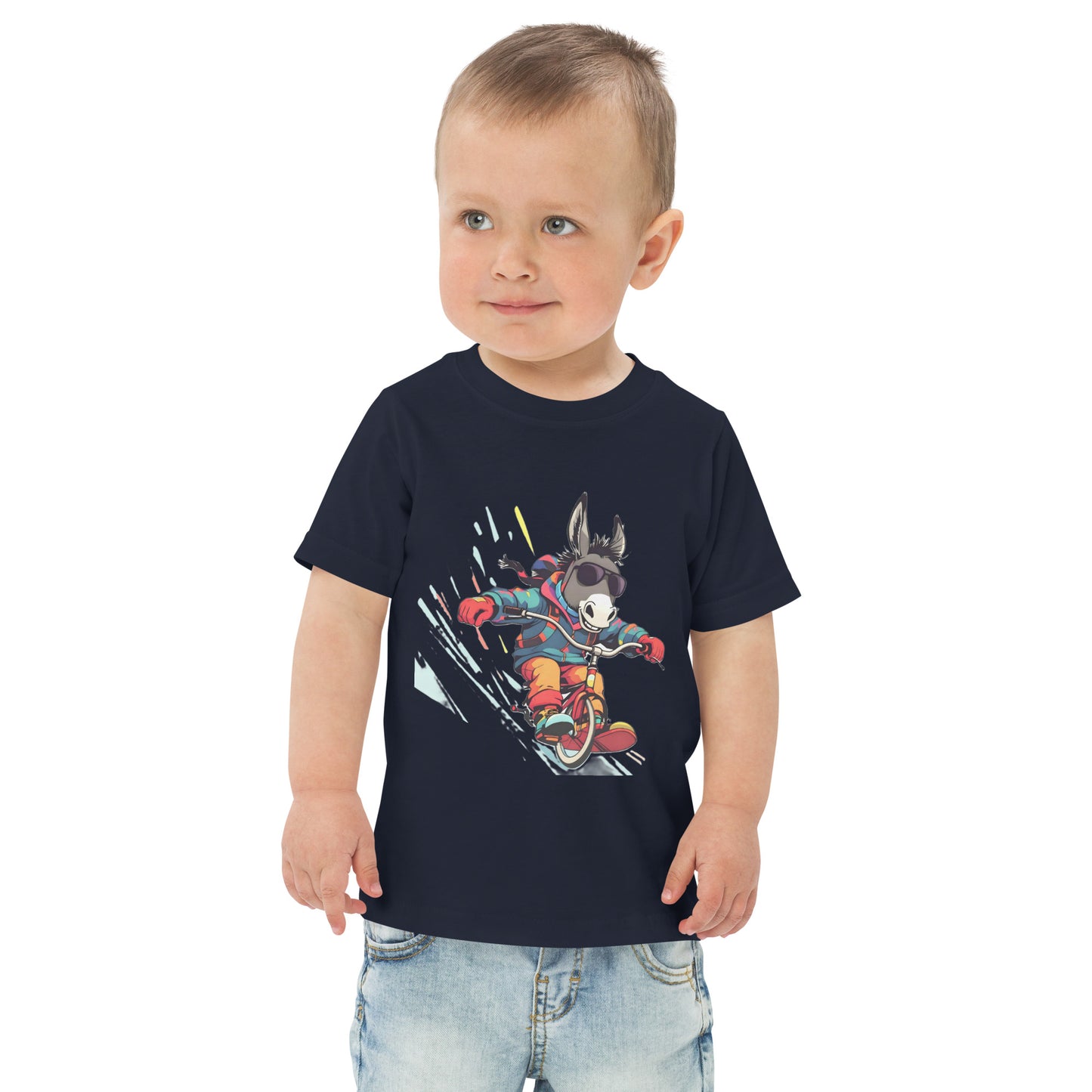 Child wearing a navy blue t-shirt with a colorful graphic design on a white background