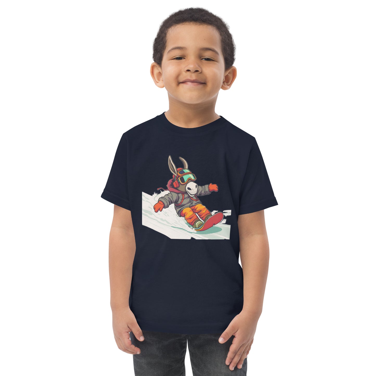 Child wearing a black t-shirt with a graphic of a donkey snowboarding on a white background