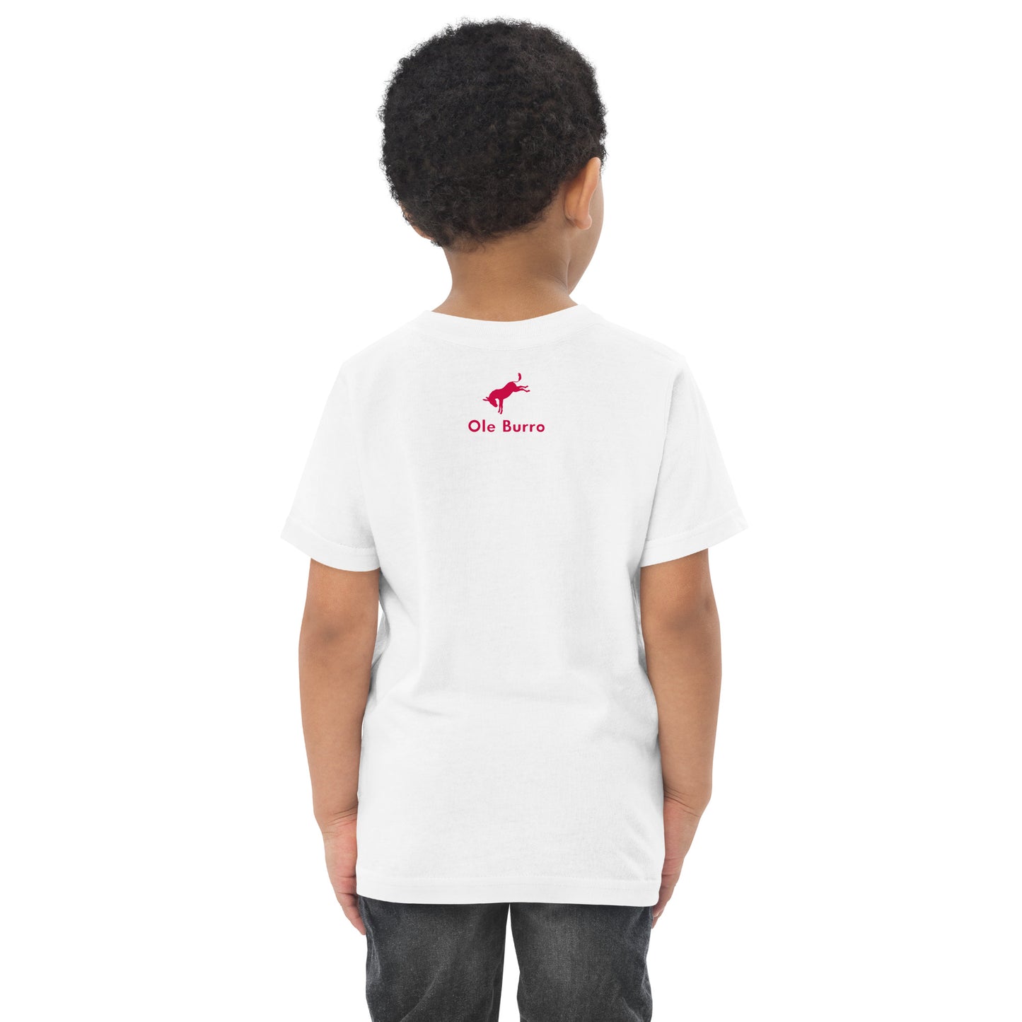 Person wearing a white t-shirt with a red logo on the back, standing against a white background