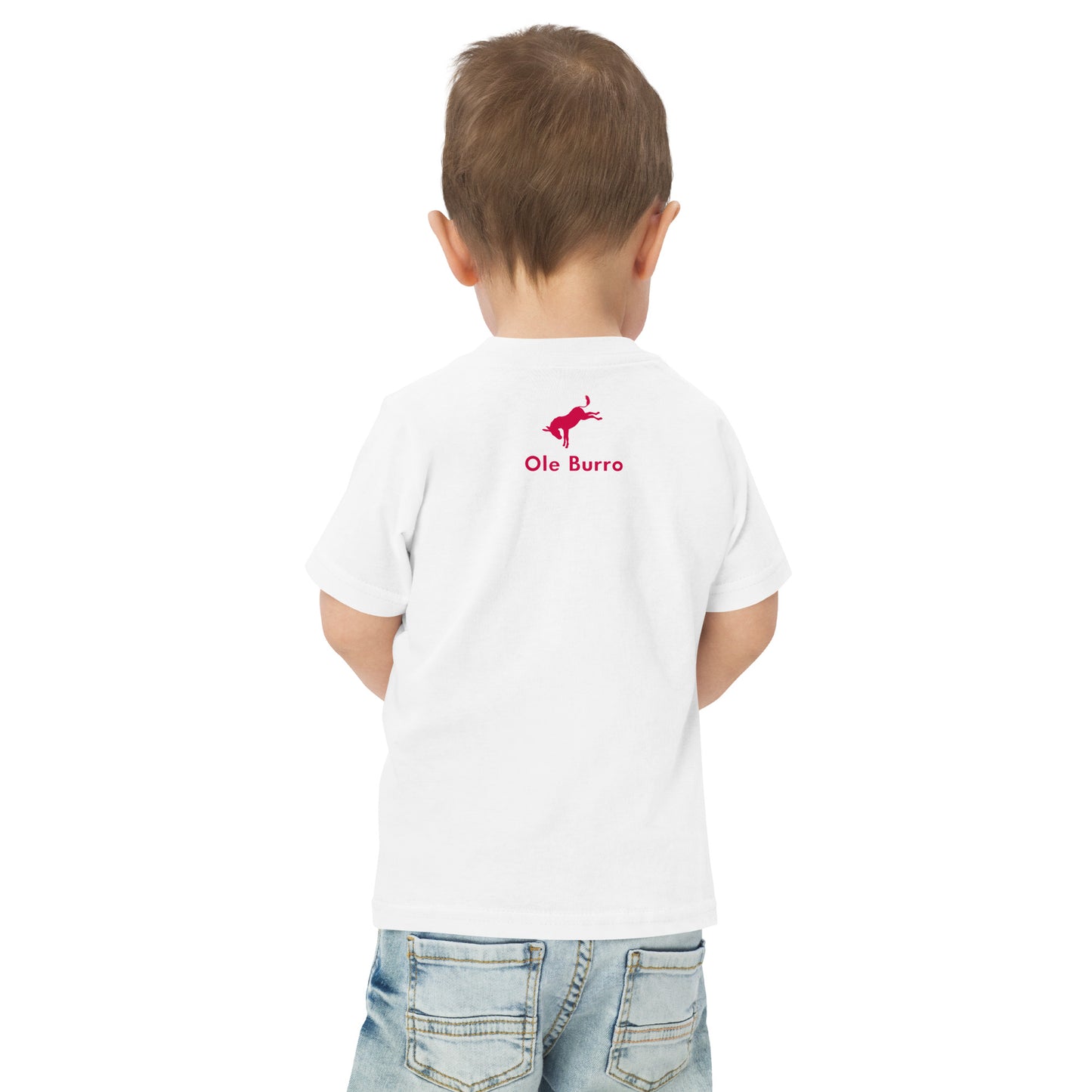 Child wearing a white t-shirt with a logo and text on the back, standing against a white background