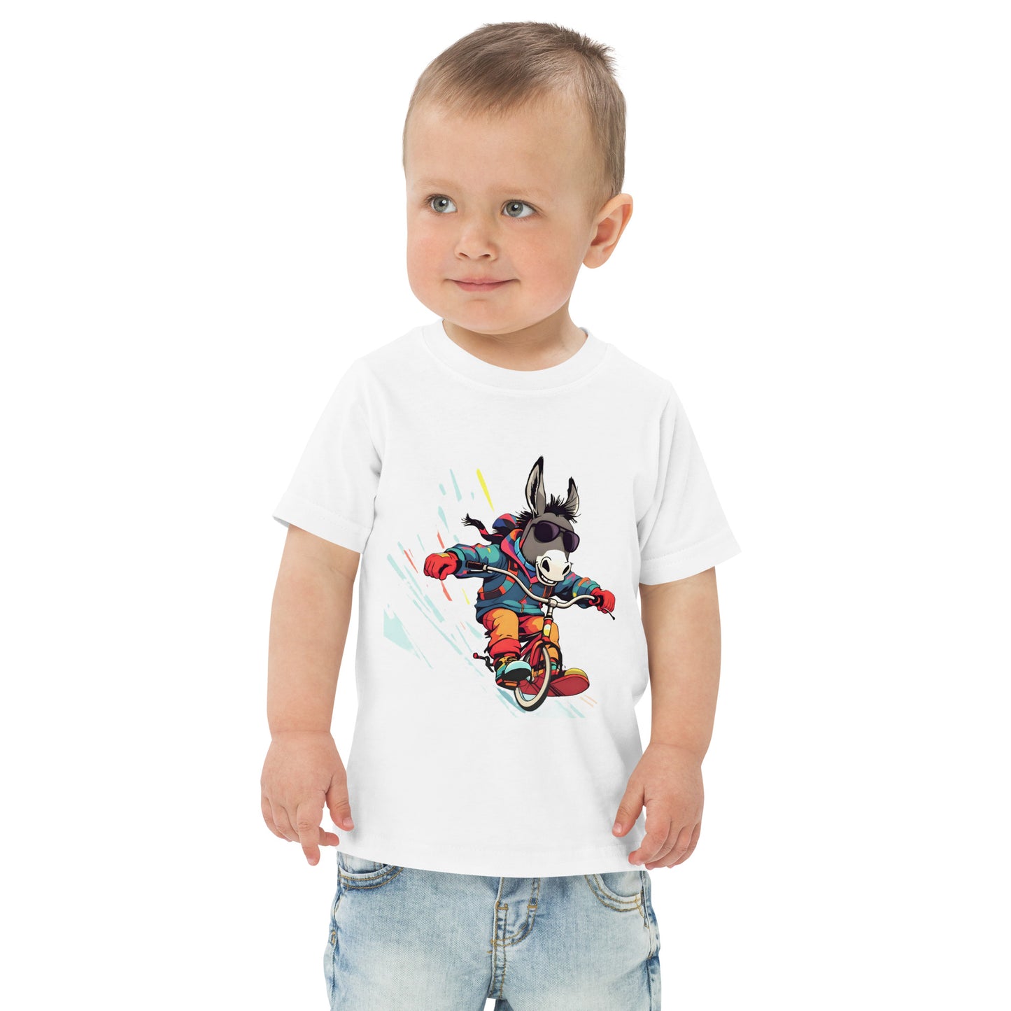 Child wearing a white t-shirt with a cartoon character on a white background