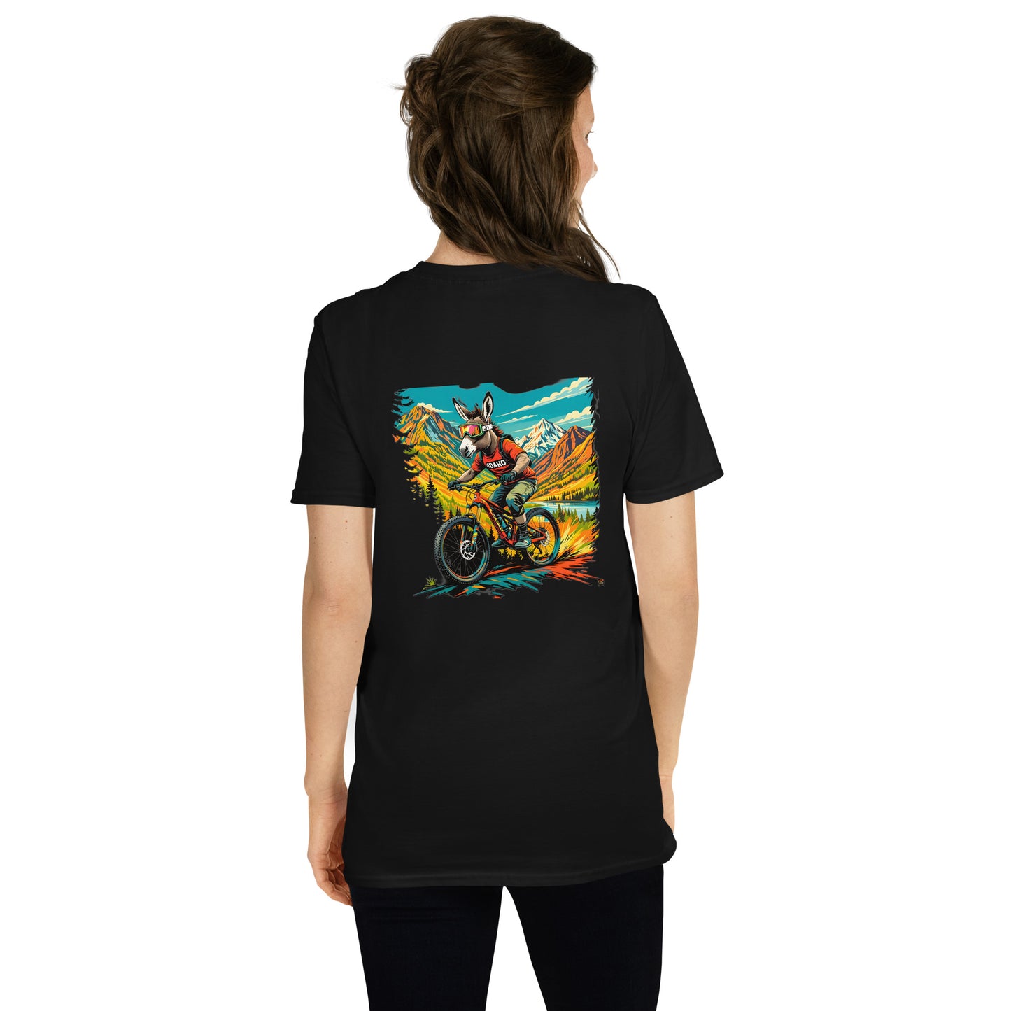 Person wearing a black t-shirt with a colorful graphic design on the back