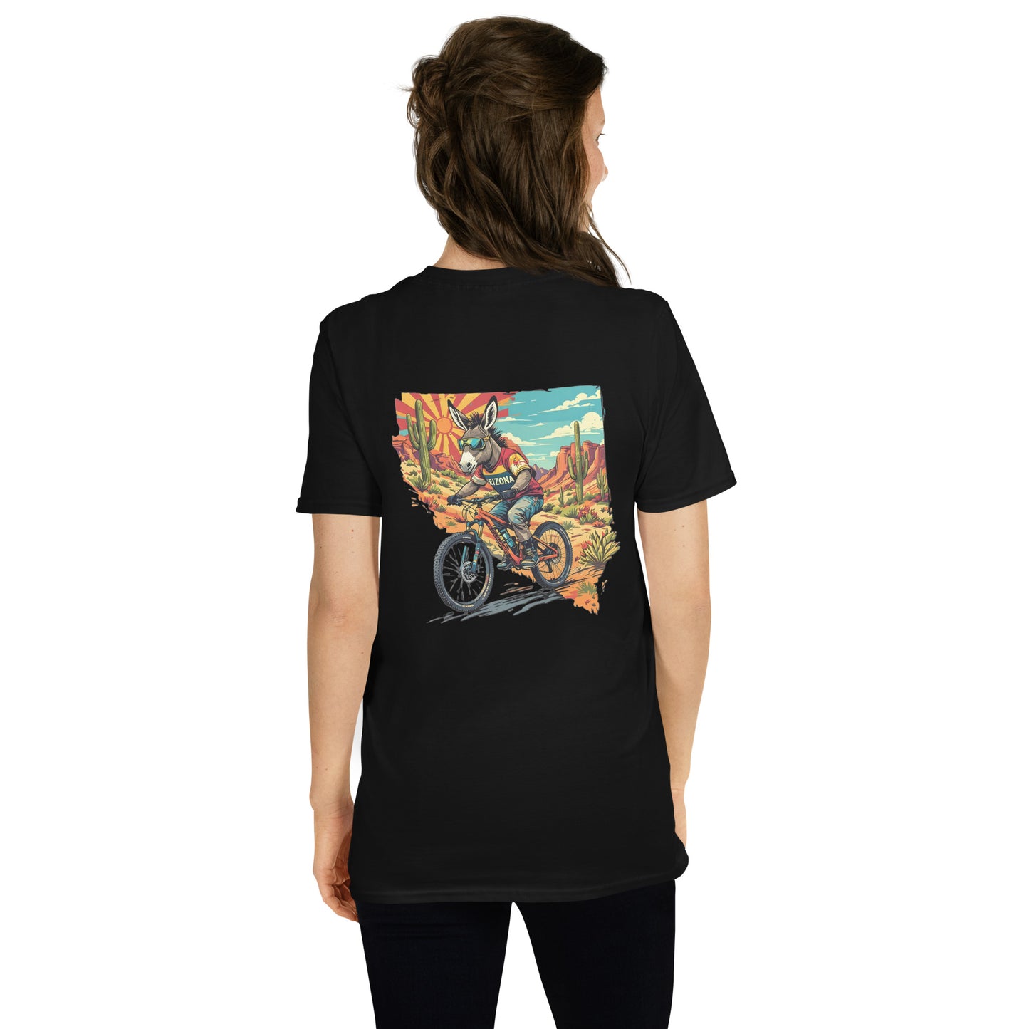 Person wearing a black t-shirt with a colorful graphic on the back