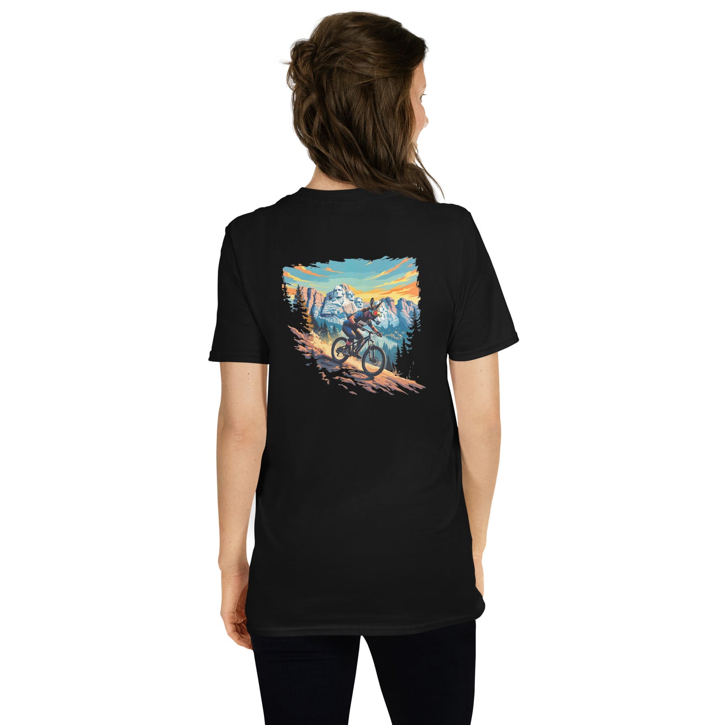 Person wearing a black t-shirt with a mountain bike graphic on the back