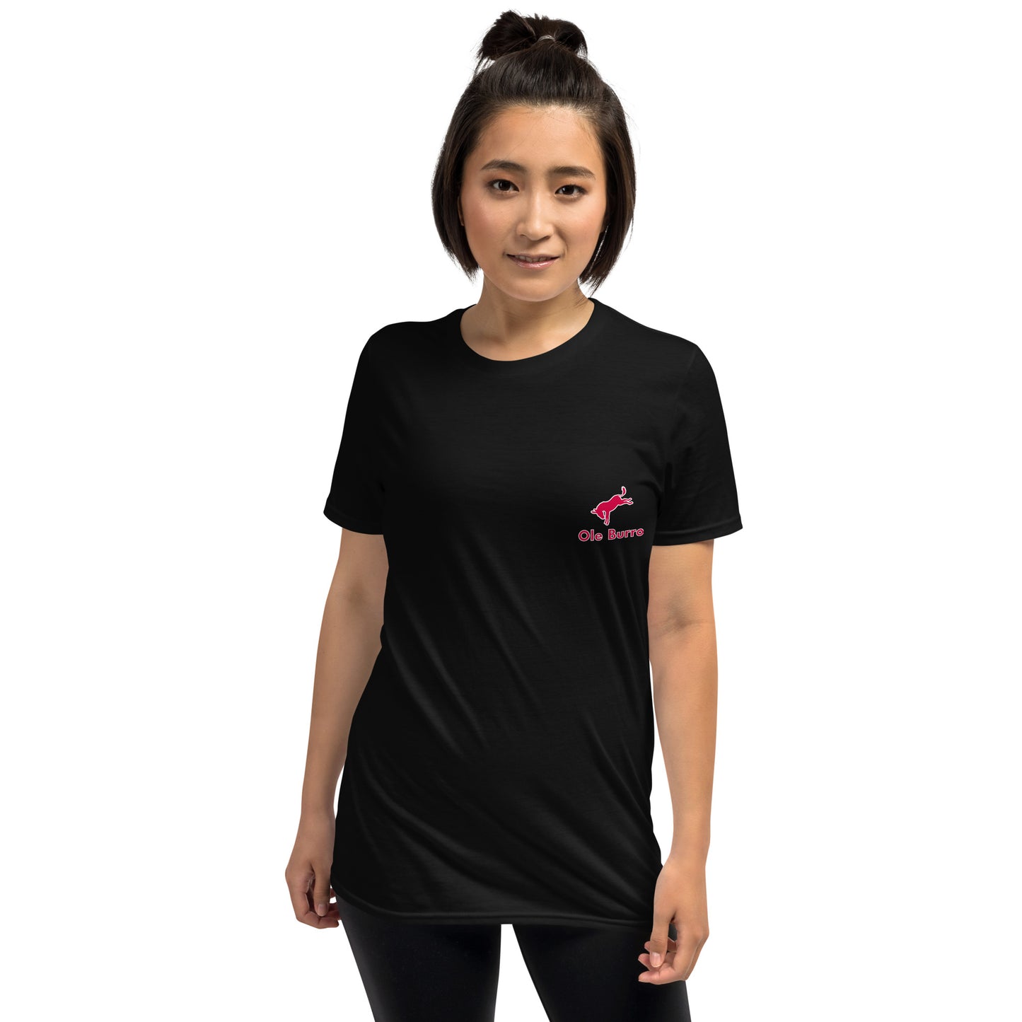 Person wearing a black t-shirt with a logo on a white background