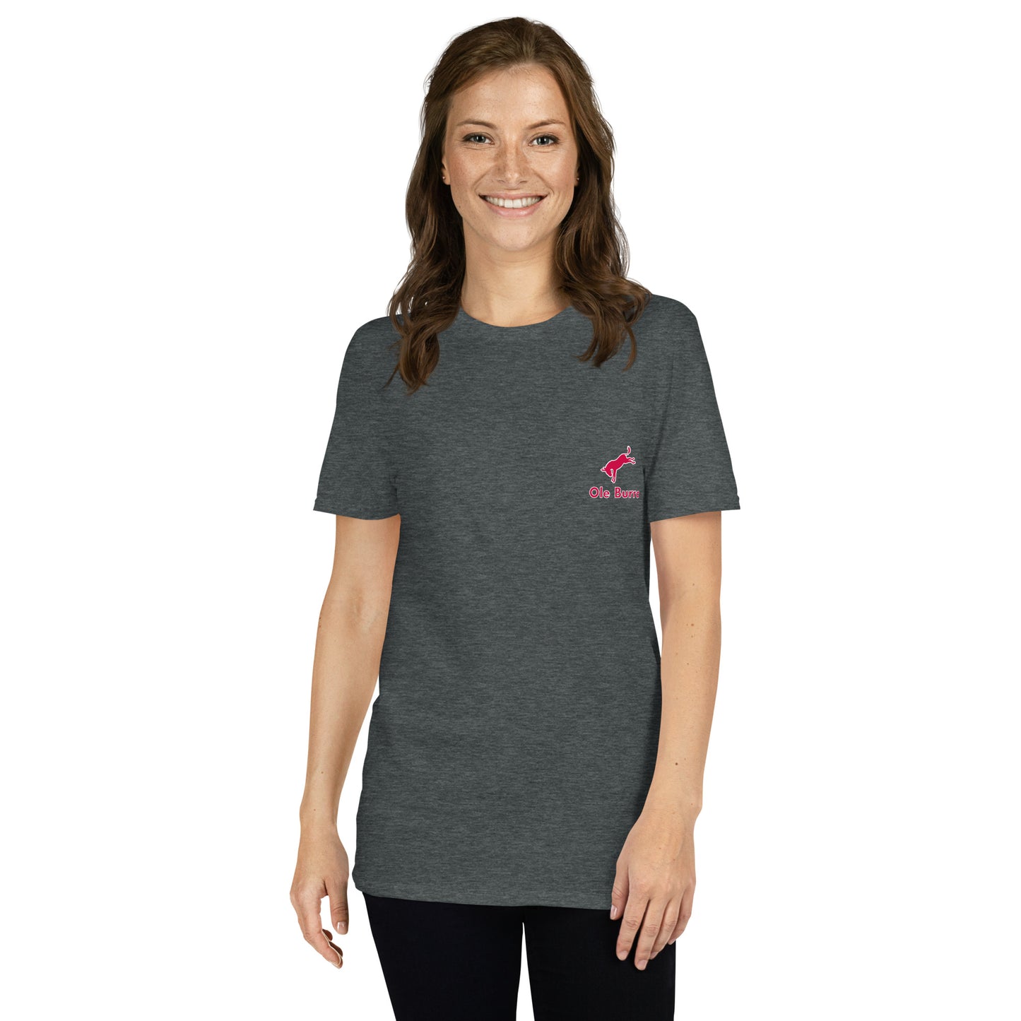 Woman wearing a dark gray t-shirt with a small logo on a white background