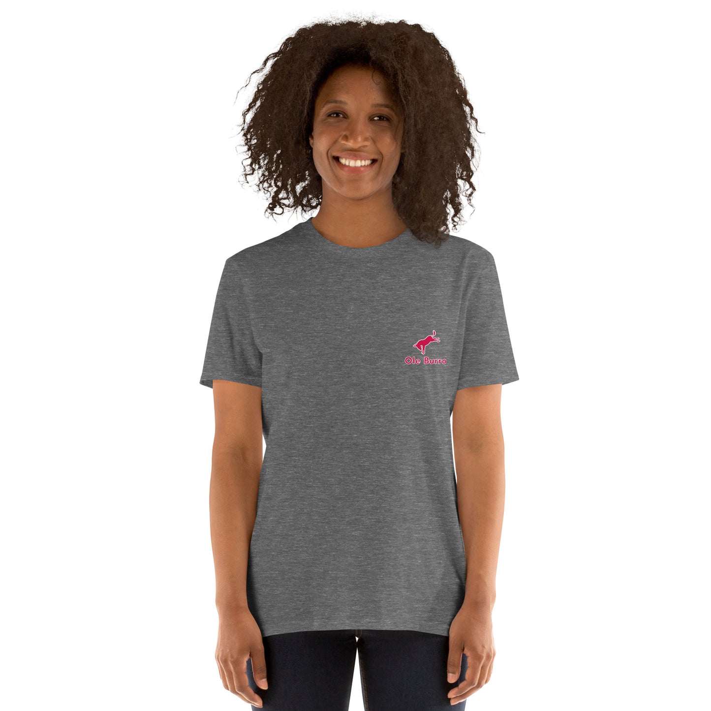 Person wearing a gray t-shirt with a pink logo on a white background
