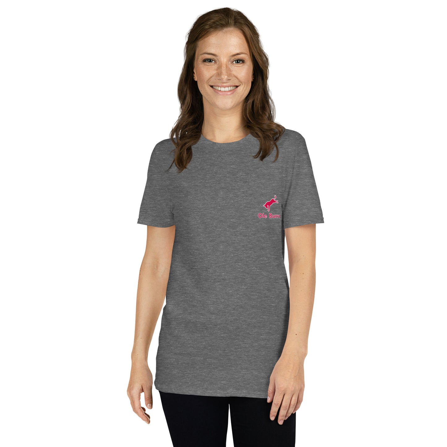Woman wearing a gray t-shirt with a small logo on a white background