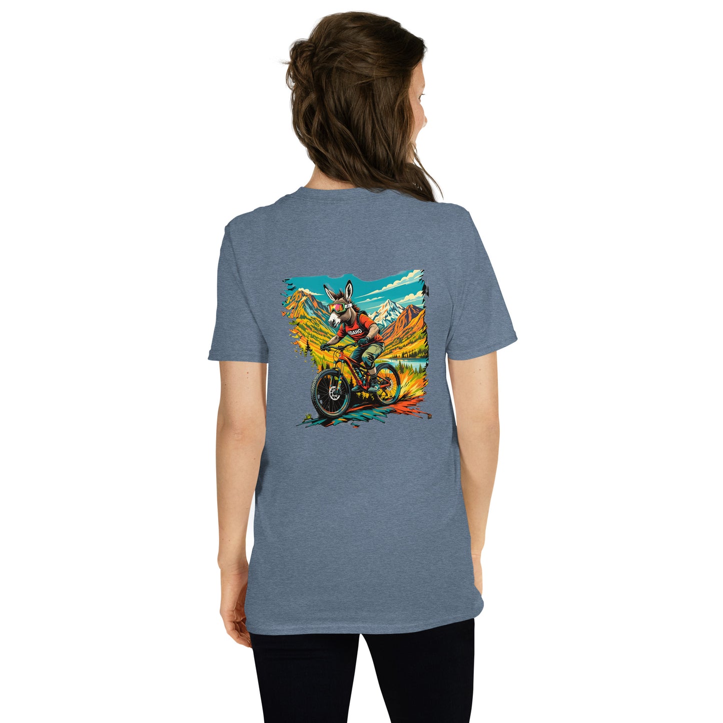 Person wearing a blue t-shirt with a colorful graphic on the back