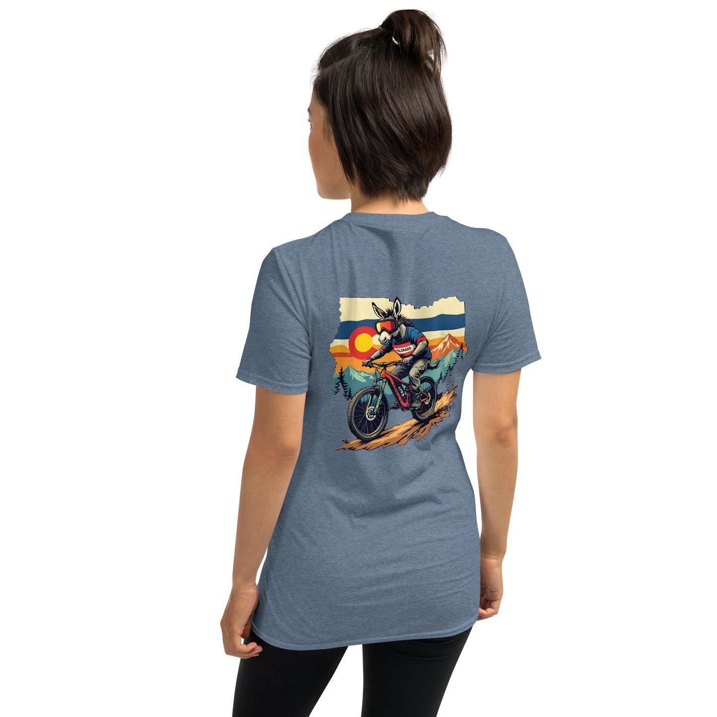 Person wearing a blue t-shirt with a graphic of a mountain bike on the back
