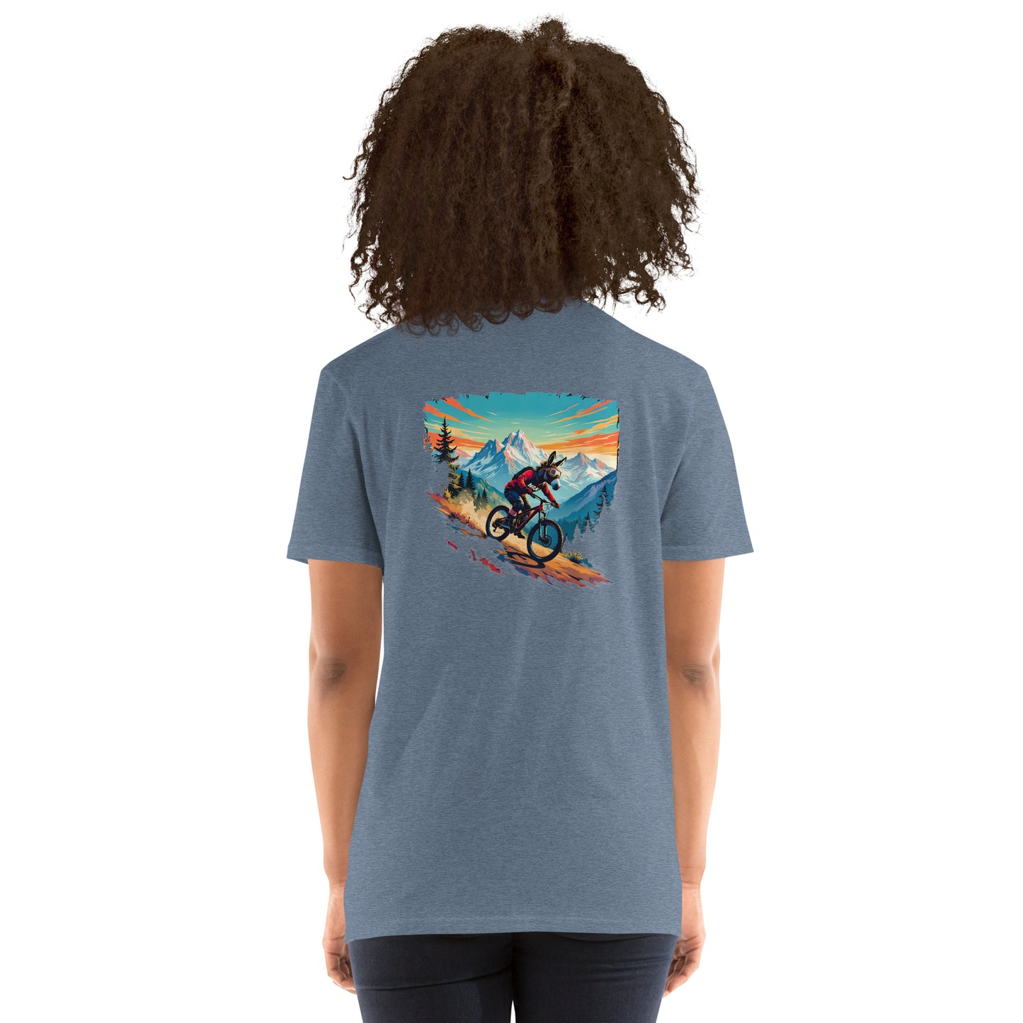 Person wearing a blue t-shirt with a mountain bike graphic on the back