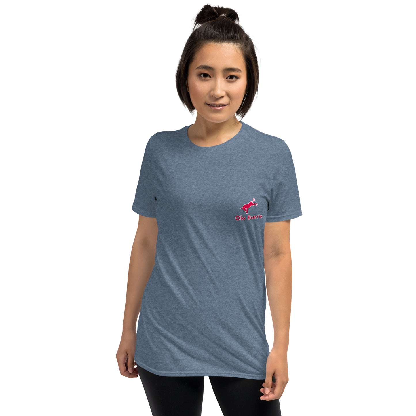 Woman wearing a blue t-shirt with a logo on a white background