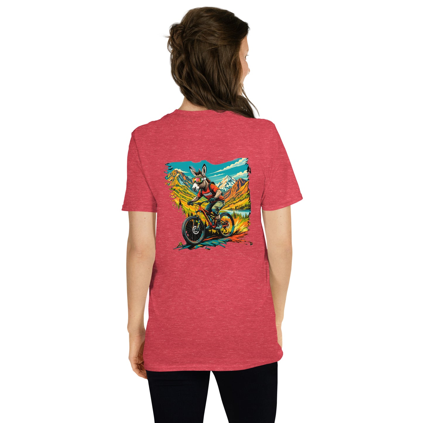 Person wearing a red t-shirt with a graphic design on the back