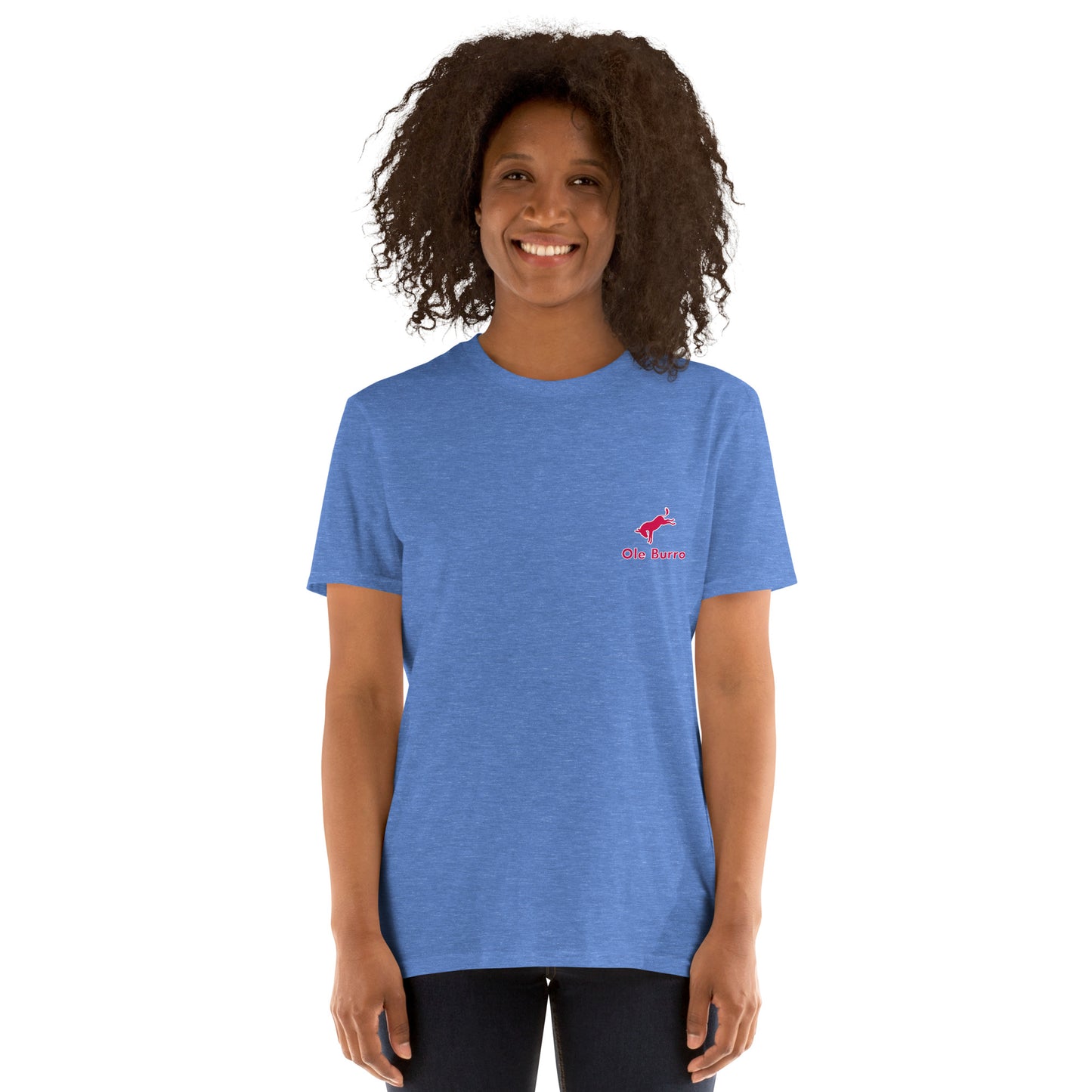 Person wearing a blue t-shirt with a logo on a white background
